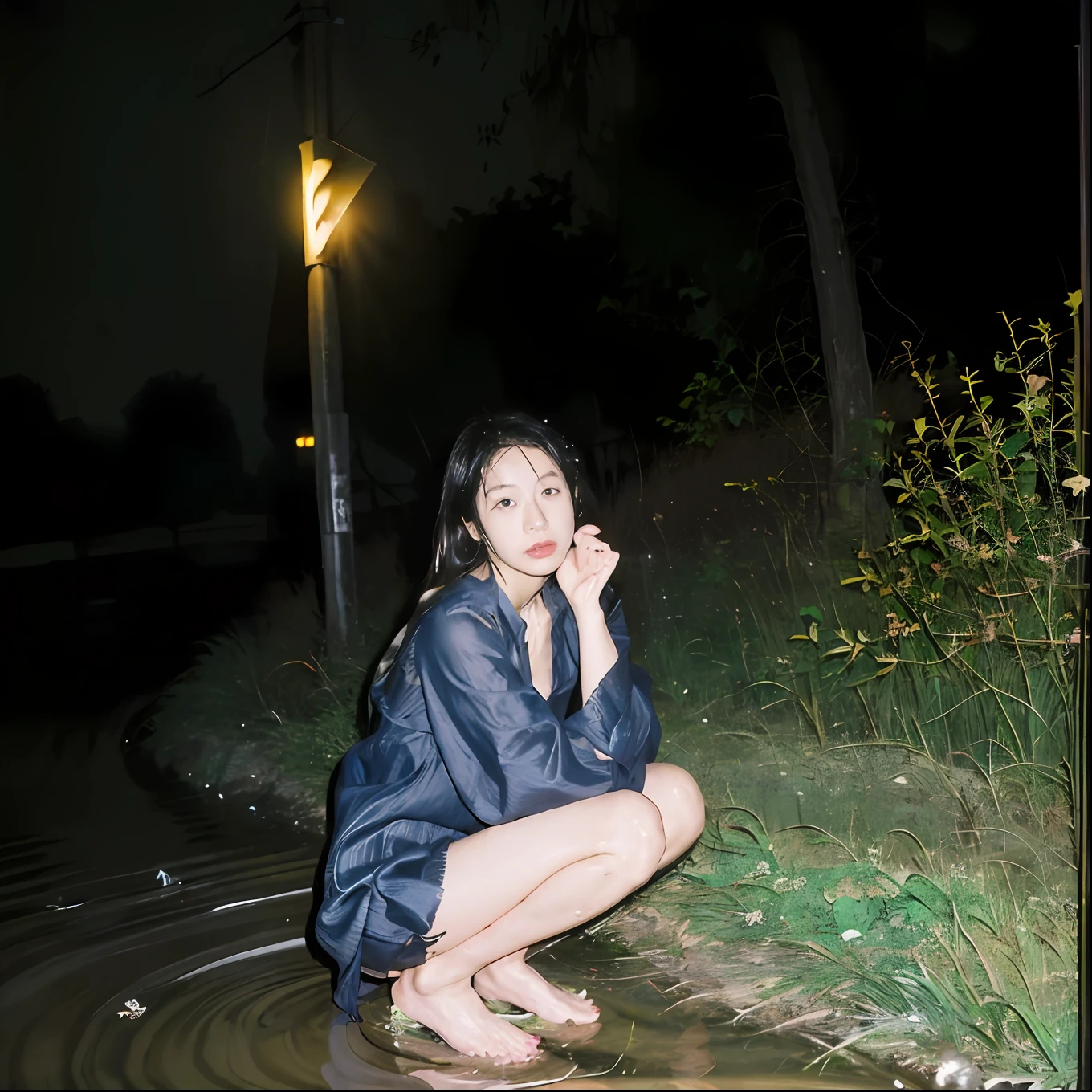 Naoyuki Obayashi,90s flash photo,1girll, Solo,At night,a woman standing in a dim alley flirting,(full bodyesbian:1.5),Big breasts,tit,(Nippur:1.2),Wet,Transparent,(sensual lingerie),Bare feet,with a bright night scene in the distanceThe best quality,((Wet ground)),(((The ground is littered with garbage))),((tenten)),sin front of camera, tmasterpiece,RAW photogr,Film photos,