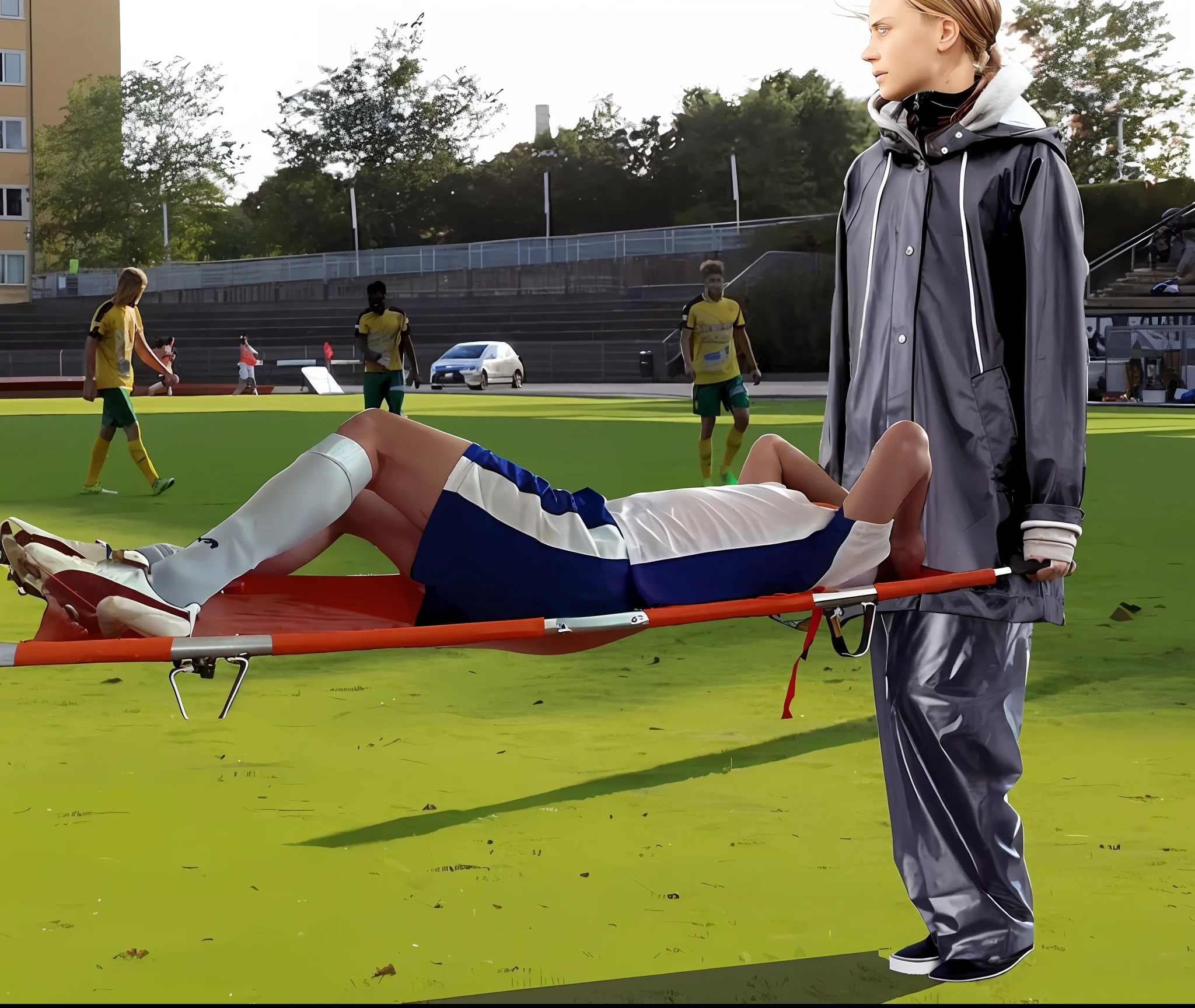 there is a man laying on a stretcher on a soccer field, on a soccer field, Greta Thunberg wearing a shiny pvc tracksuit, greta thunberg in a high shine vinyl rainsuit carrying a stretcher on a soccer field, an excessively madeup teenage girl in a laquered coat, a passionately shouting teenage-girl in a laquered coat, there is a sportsman in white shorts and a white t-shirt lying injured on a stretcher, there is an injured sportsman who is covering his face on a stretcher, an injured sportsman is covering his face with his hands, an injured sportsman is writhing in ecstasy on a stretcher, dramatic pity pose, there is a latino woman in a high-shine puffy coat, a high-shine black down coat, a long black moncler coat, a wetlook down coat, a wet black laquered coat, a latino wife is wearing a wetlook black uniform, injured, medic, very professional, soccer action pose, affection pose, lecherous action pose, dramatic action pose, theatralic pose, there is an attractive woman that is carrying a skinny man, there is a beautiful woman in a shiny coat who is carrying a blond man on a wetlook orange stretcher, a longhaired beautiful woman in a high-shine black puffy coat, a longhaired woman in a shiny downcoat, a woman is carrying a shorthaired man who is wearing shorts and a t-shirt, a weak man in spots shorts is consciousless and needs to be carried, a shorthaired man with closed eyes is carried on a stretcher by a longhaired woman, a woman looks very scared and terrified, a consciousless man with closed eyes is suffering very much and has a very painful face, photo, photo shoot, photographed , accident, help, aid, first aid, pity