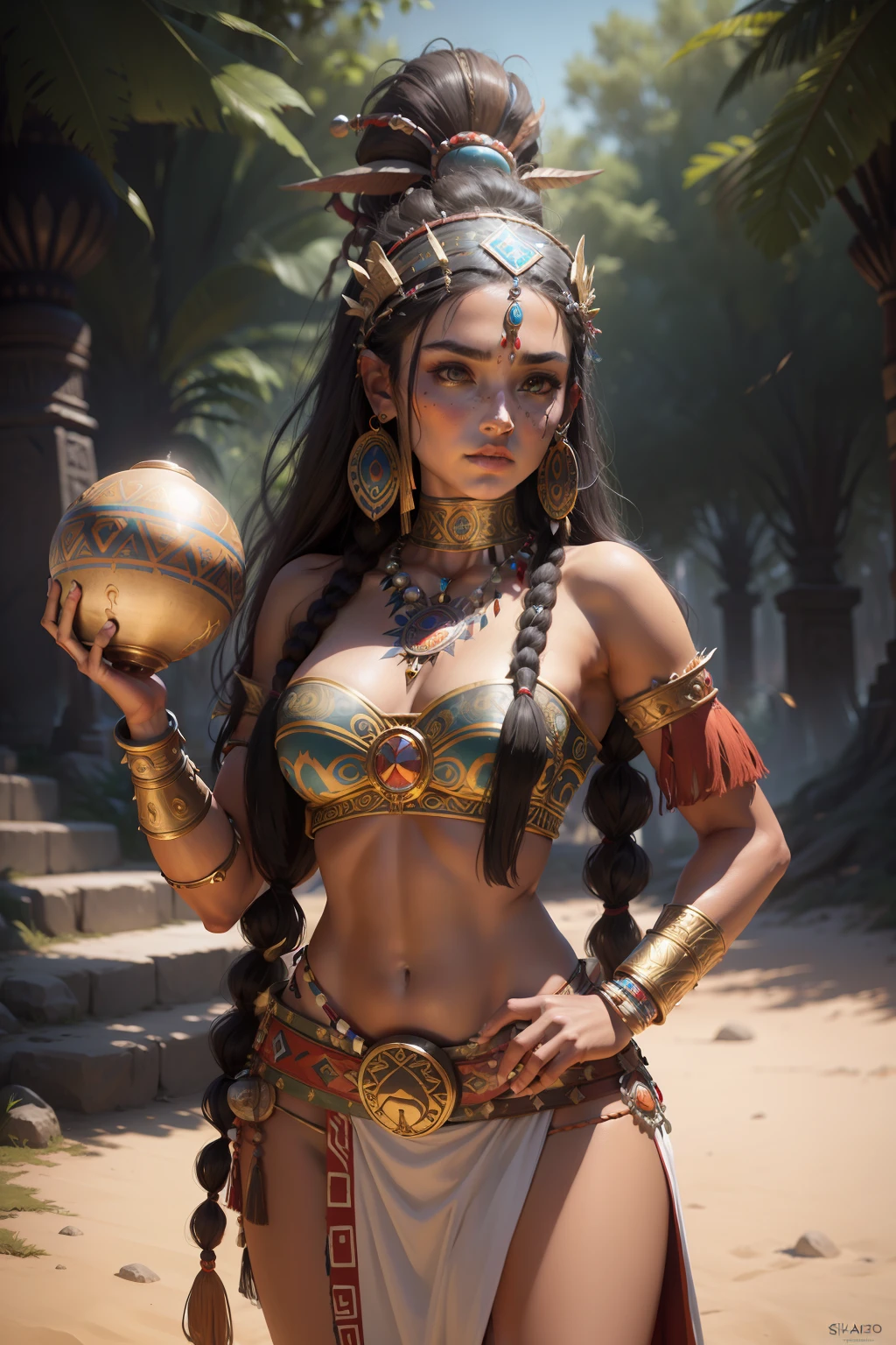Arafed woman in a native dress holding a magic tambourine and a magic ball, Beautiful warrior woman, Aztec warrior goddess, She is dressed in shamanic clothes, Warrior Bird, Young female shaman, Warrior Woman, Beautiful warrior woman, Portrait of an Aztec princess, hyperdetailed fantasy character, fantasy art behance, Эпос 3 D Yemaya, Beautiful young shaman, female warrior