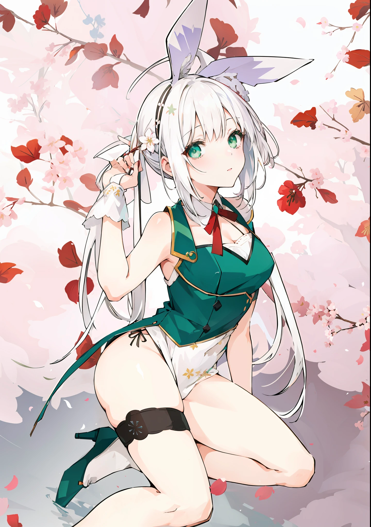 Anime girl with white hair and green dress posing in front of petals, white haired deity, seductive anime girl, Shiro from Wonderland of the Dead, hajime yatate, gapmoe yandere, loli in dress, small curvy loli, white haired, perfect white haired girl, White-haired, mikudayo, Cherry blossom petals around it