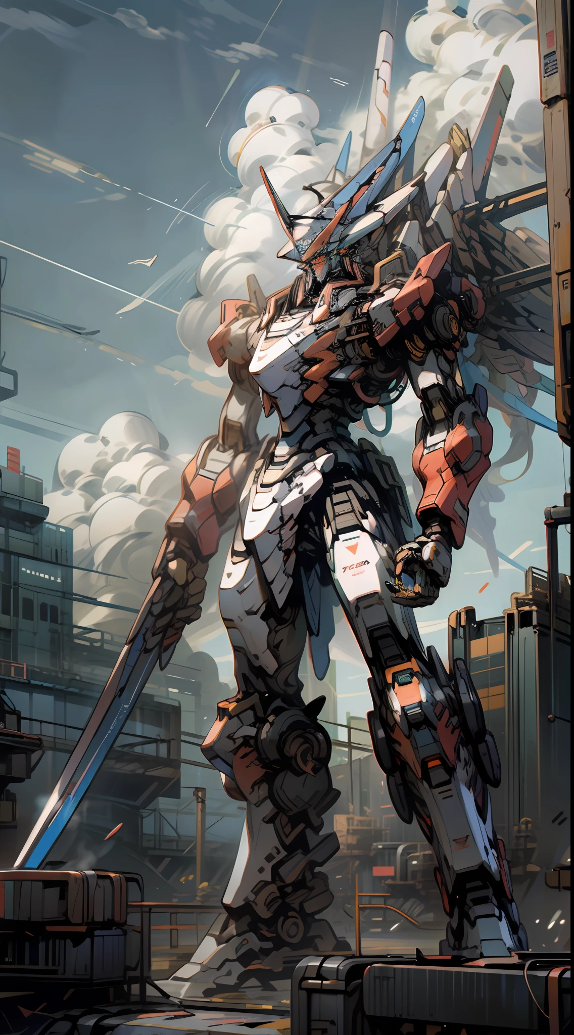 arafed robot standing on a ledge in a city, modern mecha anime, an anime large mecha robot, cool mecha style, mecha anime, giant anime mecha, mecha art, anime mecha aesthetic, mecha asthetic, alexandre ferra mecha, alexandre ferra white mecha, japanese mecha, mecha inspired, gundam style,sky, cloud, holding_weapon, no_humans, glowing, , robot, building, glowing_eyes, mecha, science_fiction, city, realistic,mecha