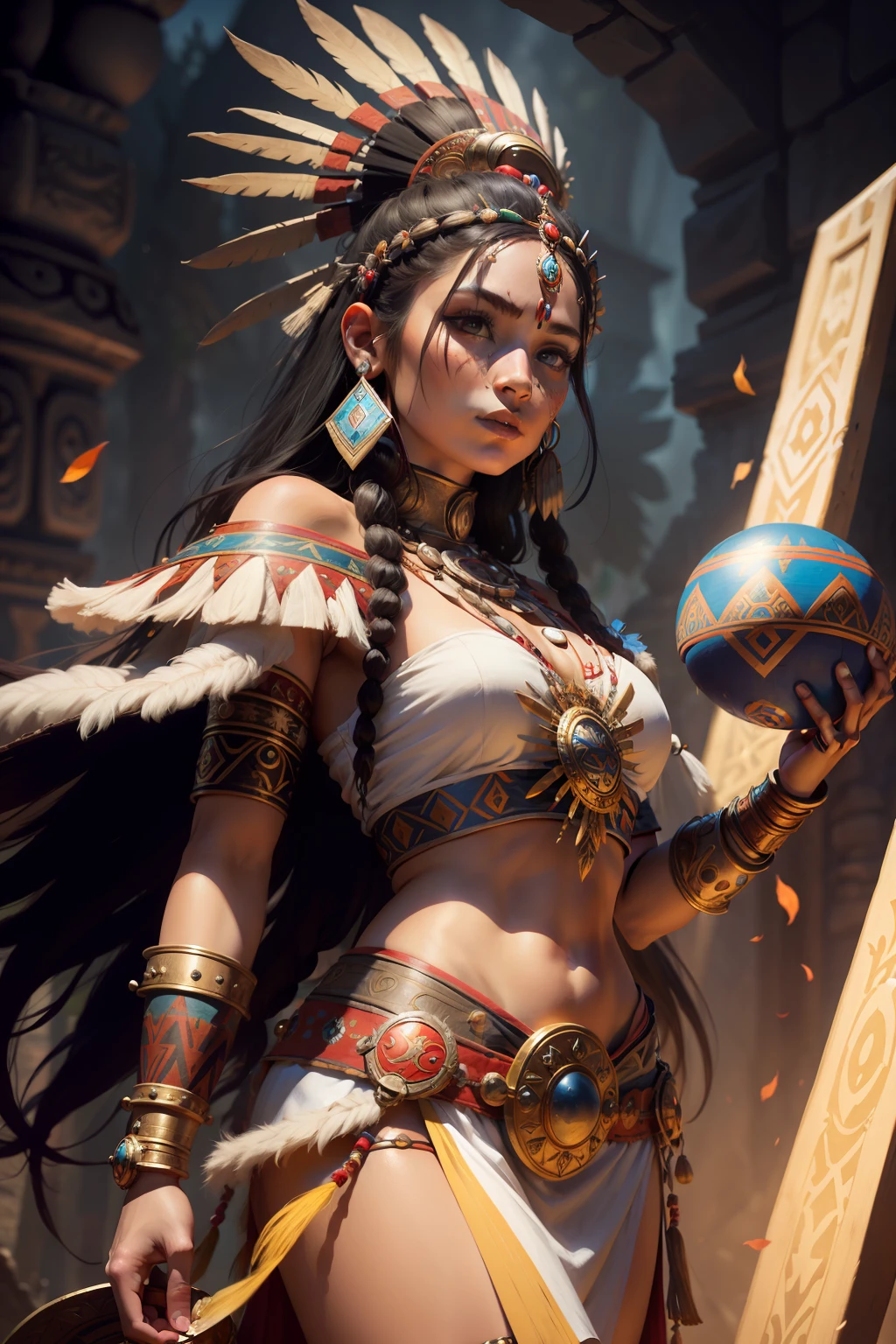Arafed woman in a native dress holding a magic tambourine and a magic ball, Beautiful warrior woman, Aztec warrior goddess, She is dressed in shamanic clothes, Warrior Bird, Young female shaman, Warrior Woman, Beautiful warrior woman, Portrait of an Aztec princess, hyperdetailed fantasy character, fantasy art behance, Эпос 3 D Yemaya, Beautiful young shaman, female warrior
