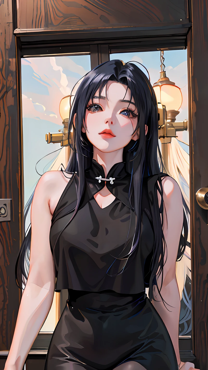 Anime girl with black hair and black cheongsam standing in front of the door, Guviz-style artwork, Digital anime illustration, attractive anime girls, seductive anime girls, realistic anime artstyle, Digital anime art, Anime girl wearing black dress, Anime style. 8K, portrait anime girl, Beautiful anime girl, style of anime4 K, a beautiful anime portrait，Realistic anime 3 D style, Anime style. 8K, anime realism style, realistic anime artstyle, Photorealistic anime,style of anime4 K, Guviz-style artwork, Casual pose，（（tmasterpiece，best qualtiy）），illustratio，Ultra-detailed 8K，Photorealsitic，Clear focus，A highly detailed，Professional lighting，Colorful detailed，Rainbow color BREAK factory super long shot，with light glowing，Complicated details，Shitu-mecha，1girl stands in front of the audience，Bigchest。