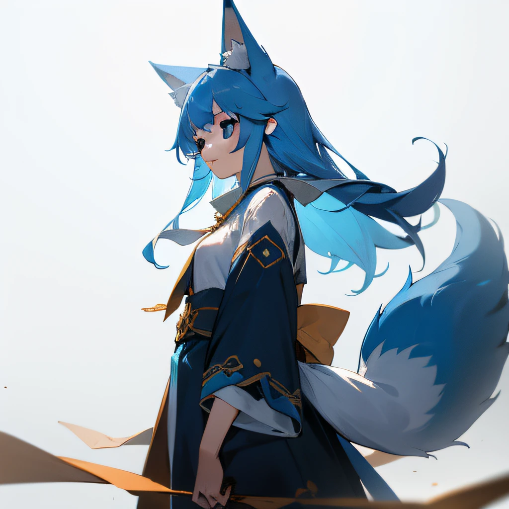 6k,Q version，Ancient wind，A girl with blue eyes，blue hairs，Decorate fox tail with fox ears。
