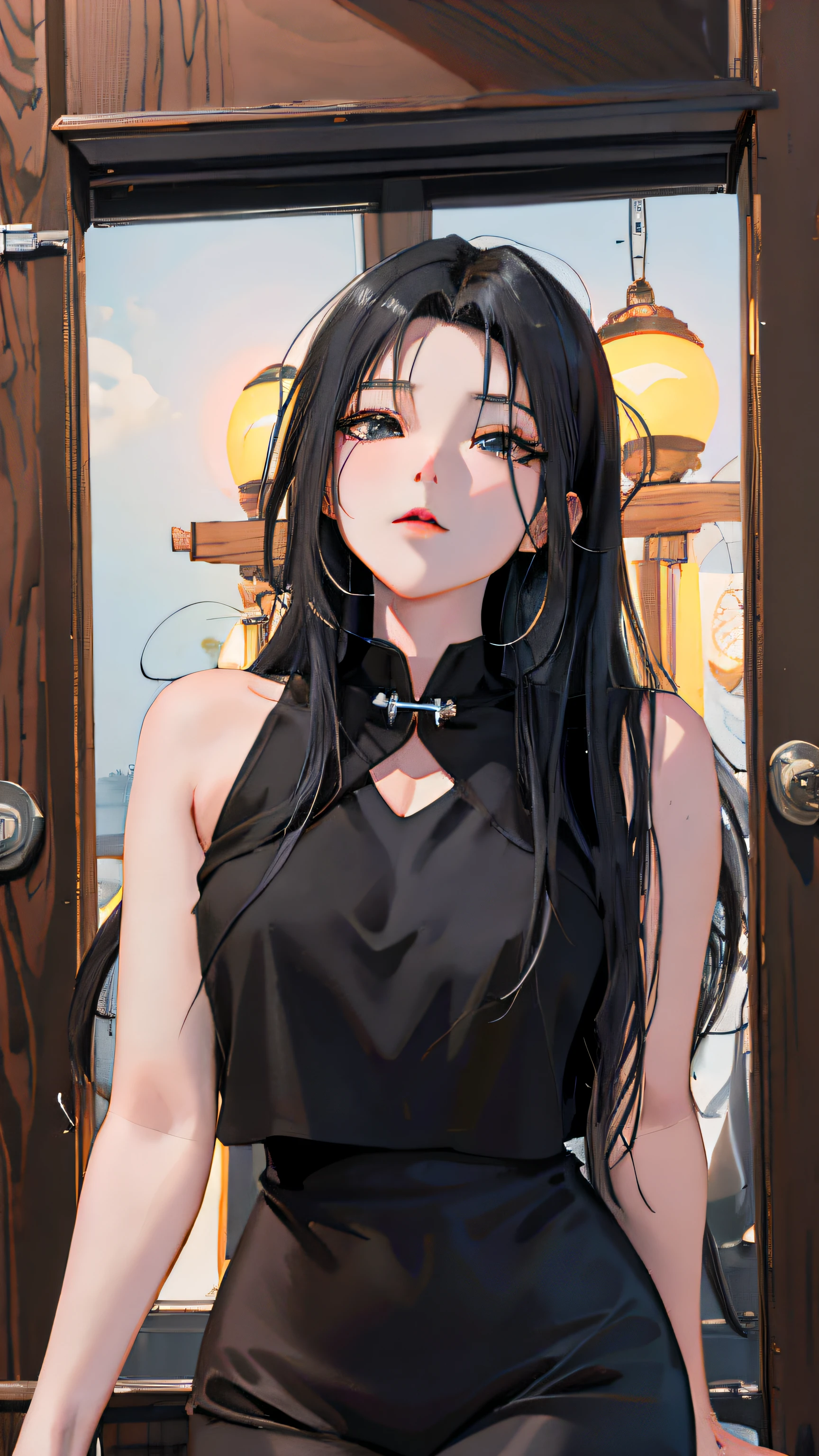Anime girl with black hair and black cheongsam standing in front of the door, Guviz-style artwork, Digital anime illustration, attractive anime girls, seductive anime girls, realistic anime artstyle, Digital anime art, Anime girl wearing black dress, Anime style. 8K, portrait anime girl, Beautiful anime girl, style of anime4 K, a beautiful anime portrait,Realistic anime 3 D style, Anime style. 8K, anime realism style, realistic anime artstyle, Photorealistic anime,style of anime4 K, Guviz-style artwork, Casual pose,((tmasterpiece,best qualtiy)),illustratio,Ultra-detailed 8K,Photorealsitic,Clear focus,A highly detailed,Professional lighting,Colorful detailed,Rainbow color BREAK factory super long shot,with light glowing,Complicated details,Shitu-mecha,1girl stands in front of the audience,Bigchest。