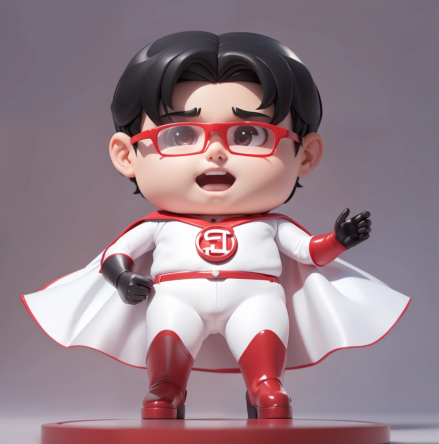 A young boy (Black Hair) 5D Cartoon wearing White suit and red cape, wearing black eyeglasses, wearing Gloves, wearing center in Good quality J Letter Circle Logo, superhero character, good boot, good gloves, superhero cape, superhero effects, good quality, good resolution, good output.