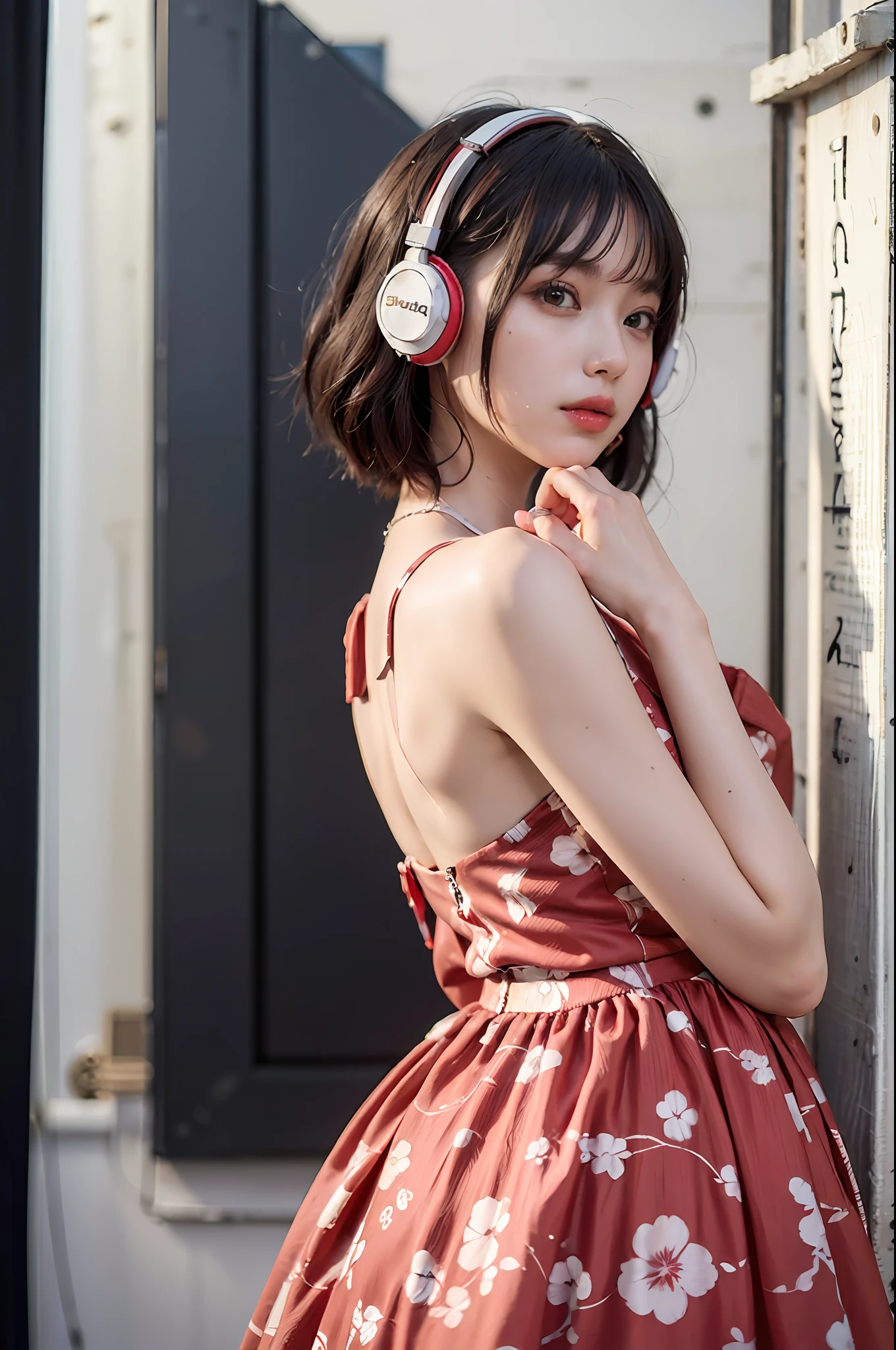 Best Quality, masutepiece, (Photorealistic:2), Ultra High Resolution, Highly detailed, A hyper-realistic, 1girl in, ((Red headphones)), (Longer dress), Floral pattern, colourfull_hair、(((very_Short_hair))), Short hair, Slim body, Full Shot, Looking at Viewer, ((Music Studio)), Bright atmosphere, spot light, Detailed background