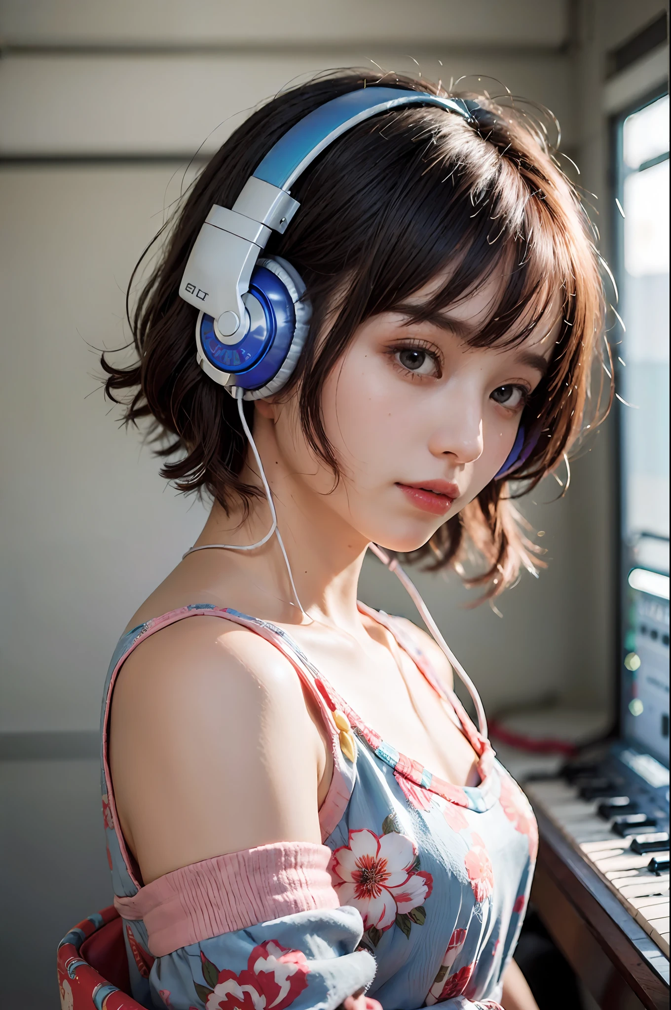 Best Quality, masutepiece, (Photorealistic:2), Ultra High Resolution, Highly detailed, A hyper-realistic, 1girl in, ((Red headphones)), (Longer dress), Floral pattern, colourfull_hair、(((very_Short_hair))), Short hair, Slim body, Full Shot, Looking at Viewer, ((Music Studio)),  Bright atmosphere, spot light, Detailed background