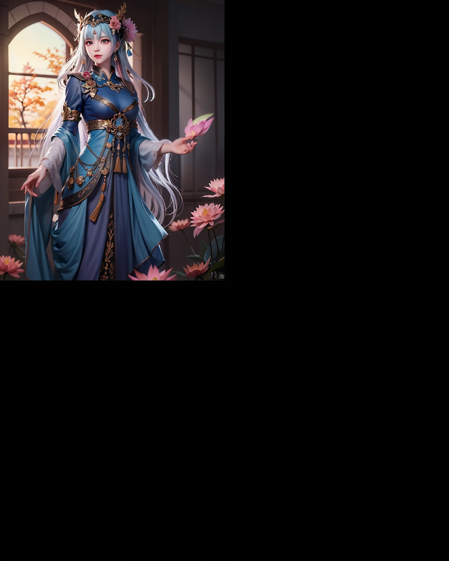 Cyan lotus on the background,A majestic figure stands,Red gold eyes。