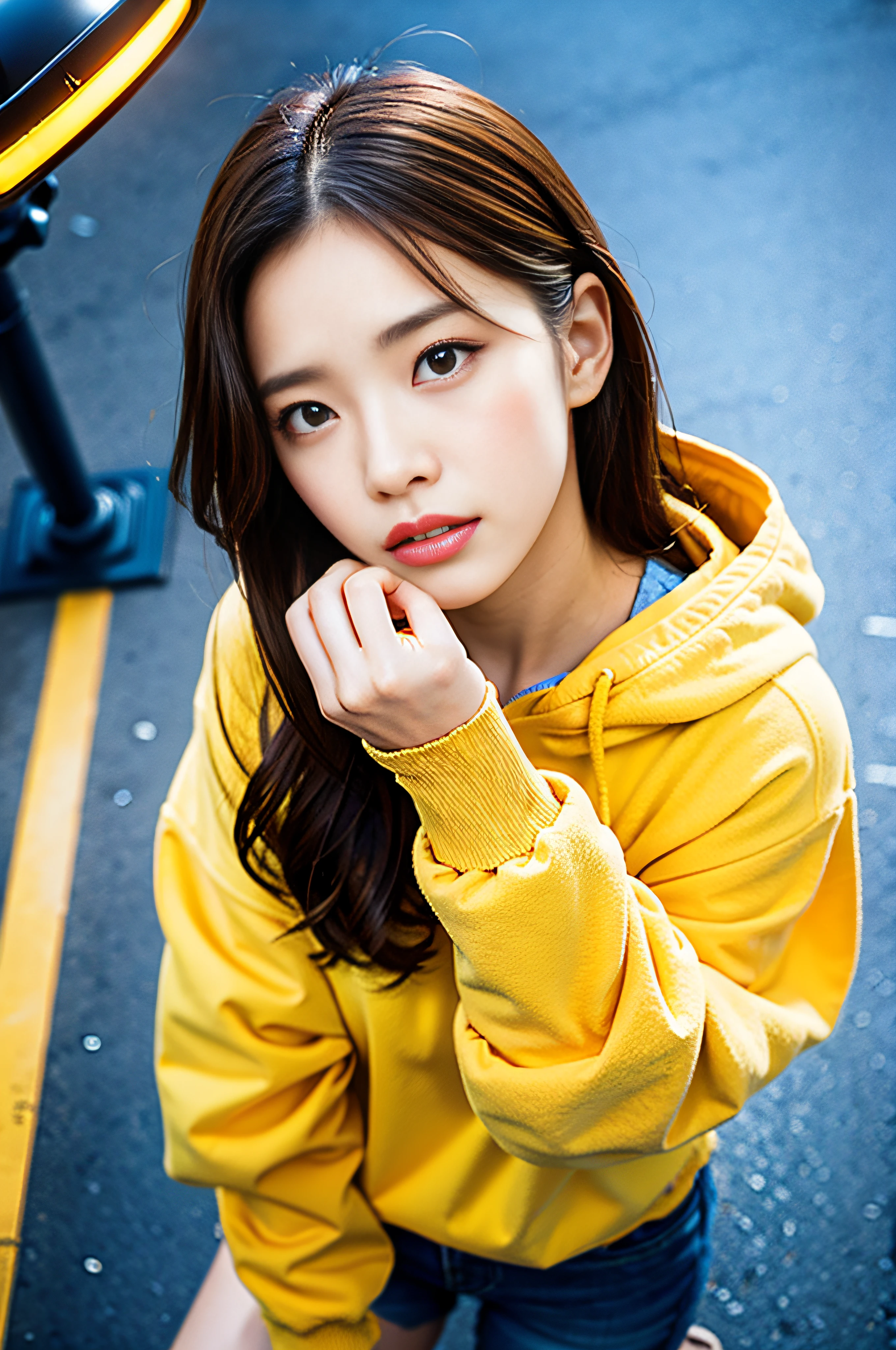 Sad theme、(top-quality、masterpiece:1.2)、(((From directly above)))、Textured skin, Cinematic、dynamic pose、26 year old beautiful woman with brown hair sits、Black hoodie、looking up、(Streetlight background:1.3)、sony a7,3.5mm lens shooting、F 1.8 aperture、No retouching、Realistic raw photos、The skin texture is very detailed、without makeup、Background lighting is yellow、rainy day、The ground is wet from rain、The atmosphere is moody、How to steam