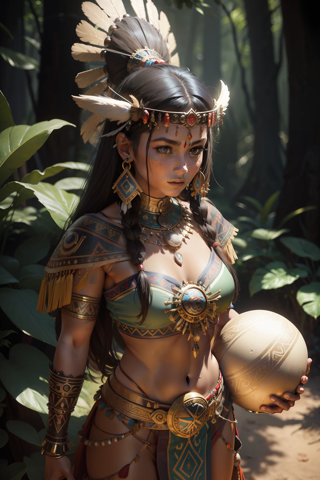 Arafed woman in a native dress holding a magic tambourine and a magic ball, Beautiful warrior woman, Aztec warrior goddess, She is dressed in shamanic clothes, Warrior Bird, Young female shaman, Warrior Woman, Beautiful warrior woman, Portrait of an Aztec princess, hyperdetailed fantasy character, fantasy art behance, Эпос 3 D Yemaya, Beautiful young shaman, female warrior