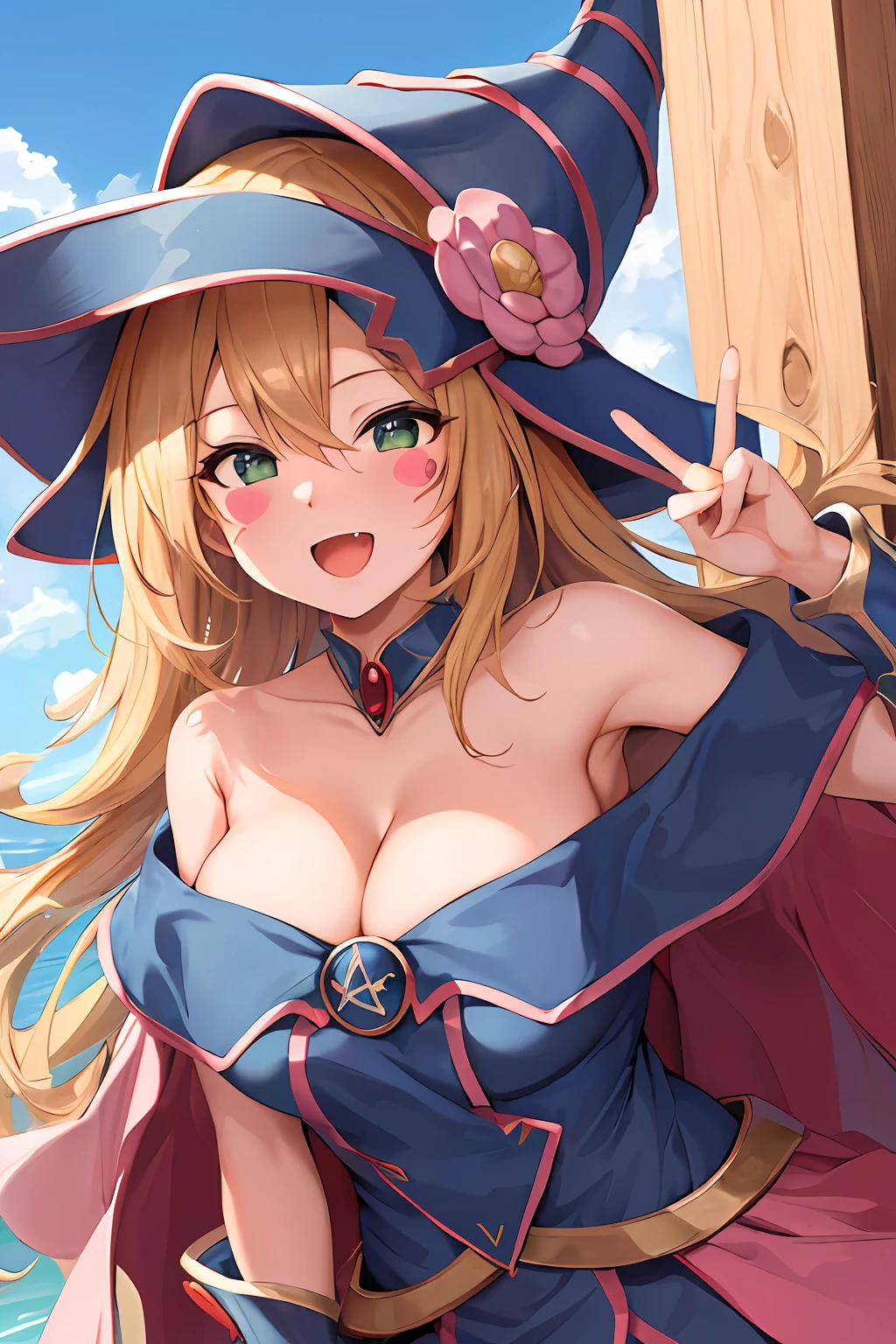 masterpiece, best quality, highres, hmdmg1, wizard hat, blush, blush stickers, cleavage, bare shoulders, dress, off shoulder, peace_sign, smile, open mouth, fang, outdoors