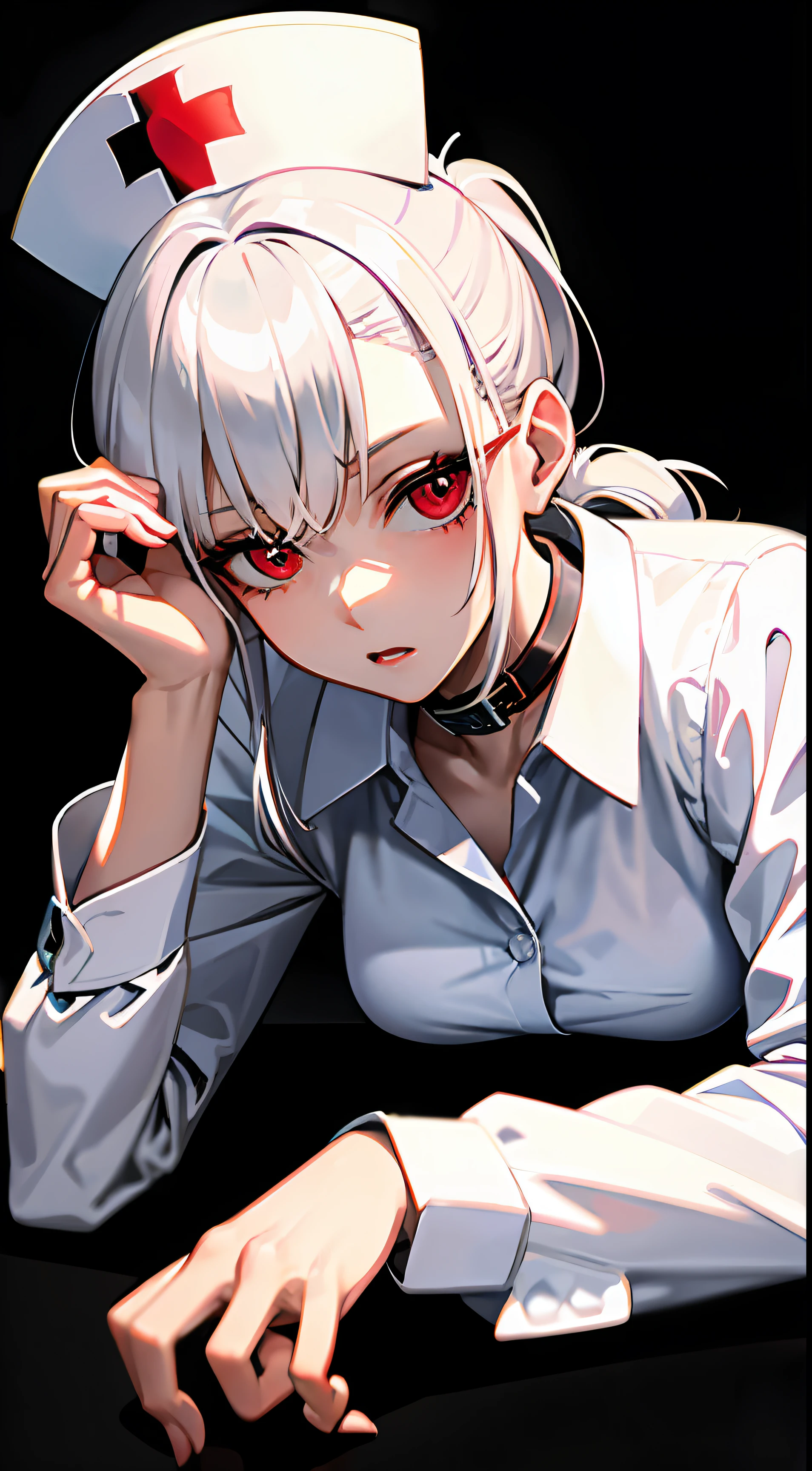 ((Masterpiece)),(Best quality),(Detailed),(1girll), white  shirt, looks down on a viewer,Black lace-up boots,Nurse hat,White hair,Red eyes,Collar,High ponytail,Blood,White suit,Crawl forward,Crazy emotions,lying down