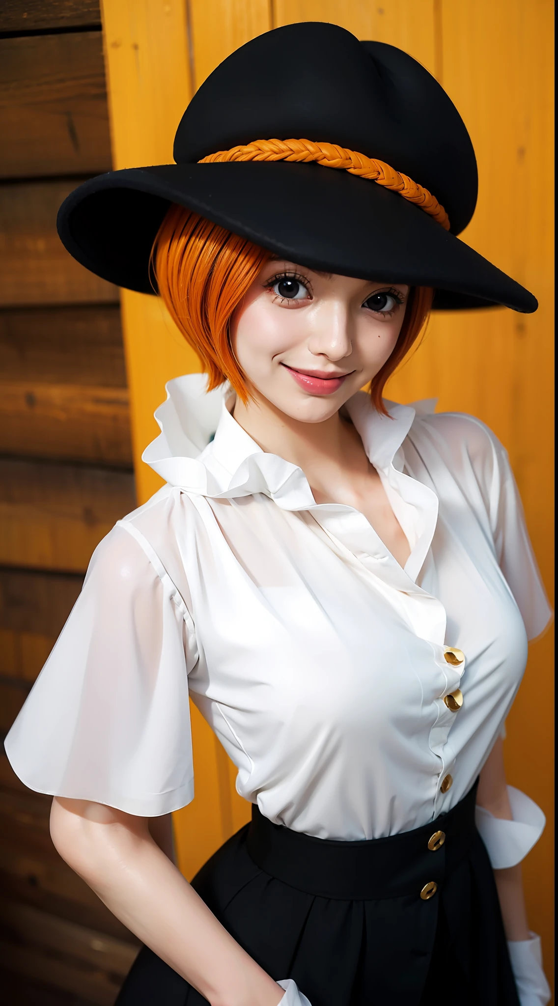 koala from anime one piece, short hair, orange hair, wearing a hat, beautiful, beautiful girl, perfect body, looking at the audience, smiling expression, wearing a white tufted shirt, standing, wearing black gloves.