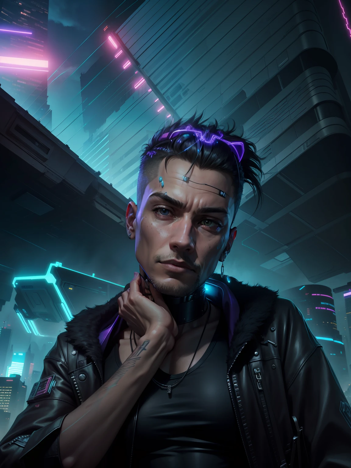 Cyberpunk look, realistic, male, full hd, cyberpunk city in background