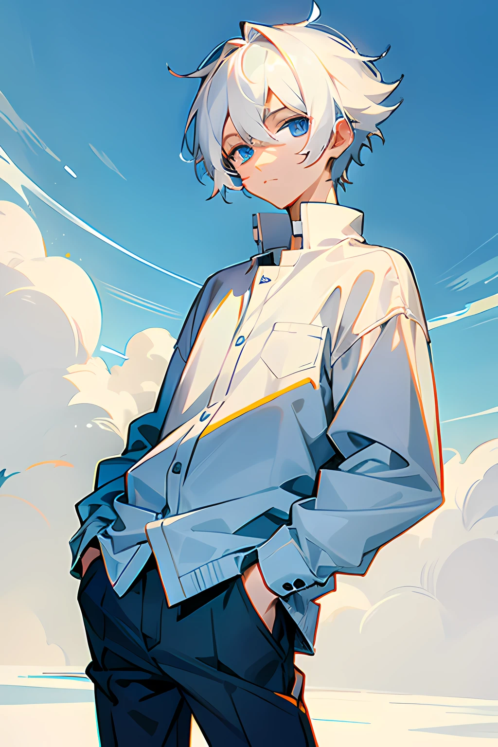 1 boy, White hair, Blue eyes, Hand in pocket