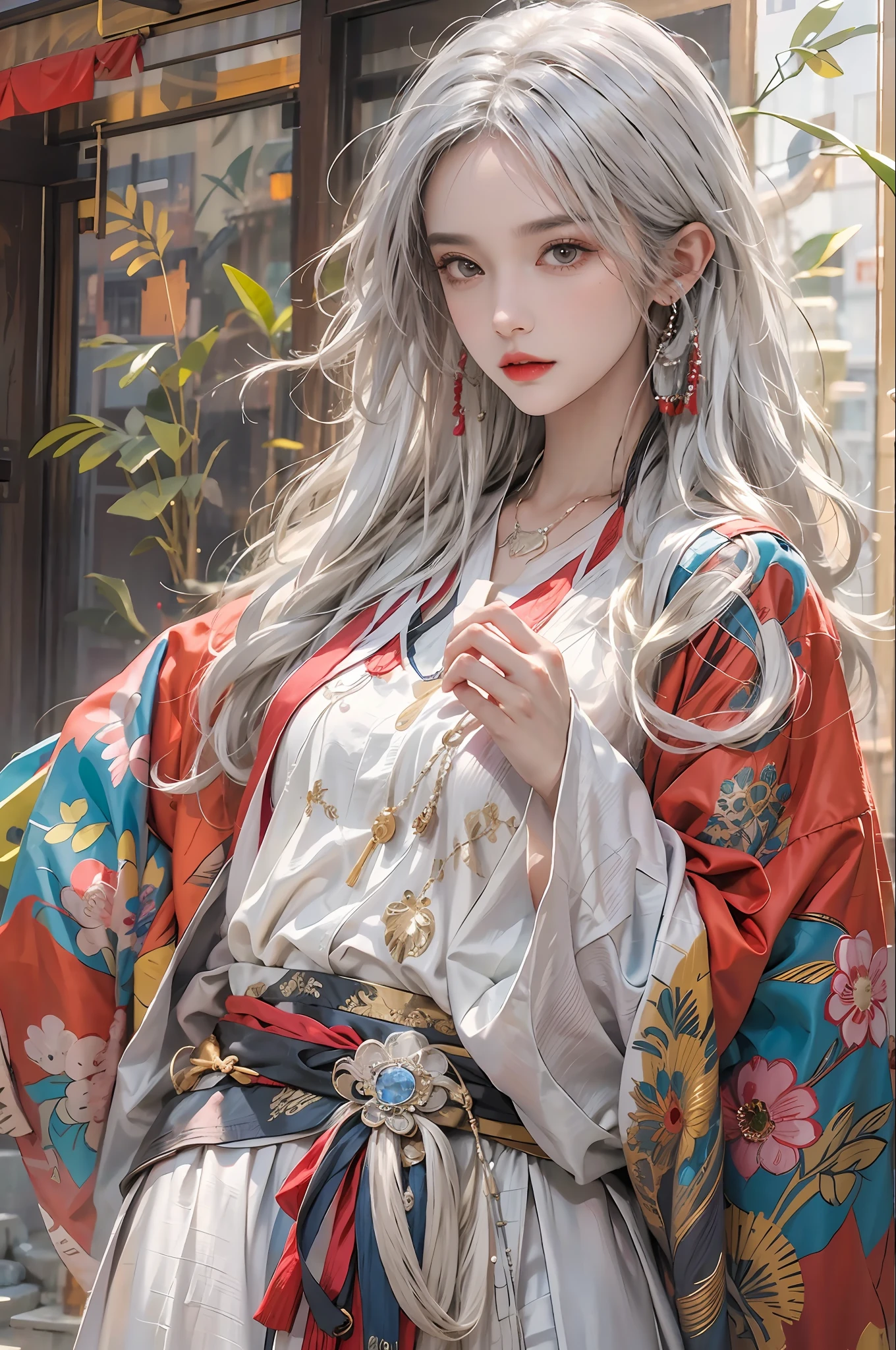 photorealistic, high resolution, 1women, solo, hips up, look at viewer, (detailed face), white hair, long hair, colorful Taoist robe,oversized clothes, midjourney portrait, jewelry