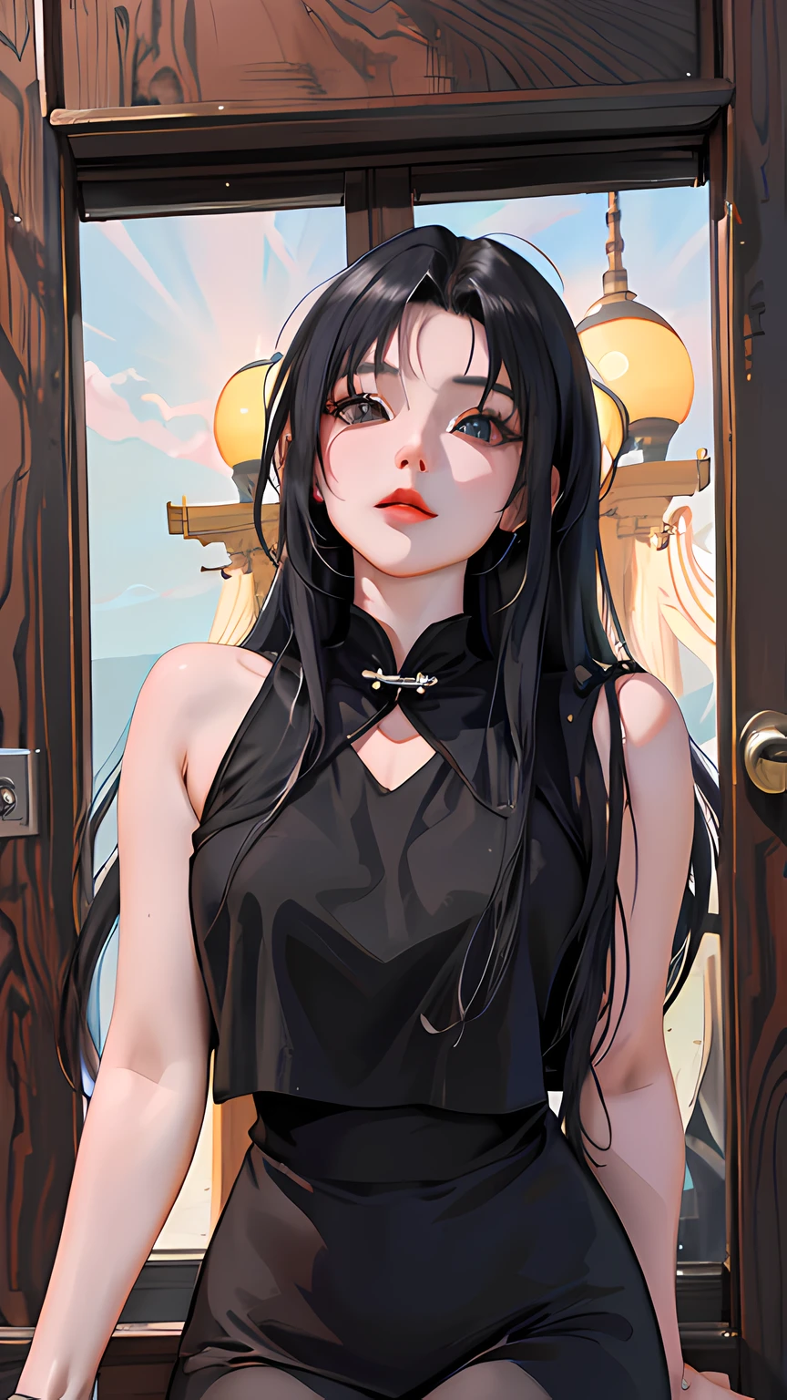 Anime girl with black hair and black cheongsam standing in front of the door, Guviz-style artwork, Digital anime illustration, attractive anime girls, seductive anime girls, realistic anime artstyle, Digital anime art, Anime girl wearing black dress, Anime style. 8K, portrait anime girl, Beautiful anime girl, style of anime4 K, a beautiful anime portrait，Realistic anime 3 D style, Anime style. 8K, anime realism style, realistic anime artstyle, Photorealistic anime,style of anime4 K, Guviz-style artwork, Casual pose，（（tmasterpiece，best qualtiy）），illustratio，Ultra-detailed 8K，Photorealsitic，Clear focus，A highly detailed，Professional lighting，Colorful detailed，Rainbow color BREAK factory super long shot，with light glowing，Complicated details，Shitu-mecha，1girl stands in front of the audience，Bigchest。