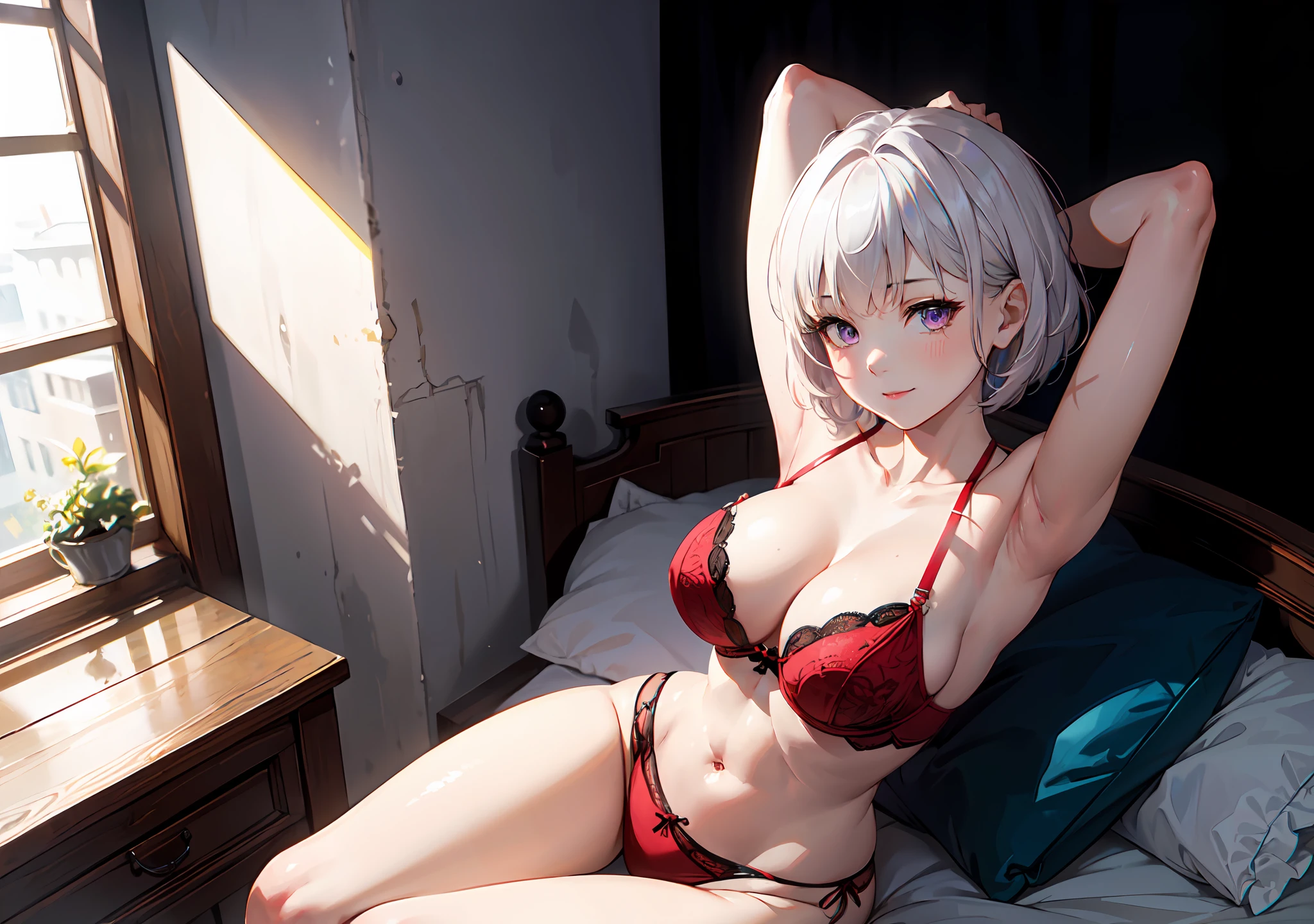 ((((masterpiece, best quality, high resolution)))), 1girl, white hair, purple eyes, bob cut, short wavy hair, average breasts, blush, light smile, glow, thighs, bare shoulders, collarbone, narrow waist, cleavage, (masterpiece), (beautiful detailed face, beautiful detailed eyes), bedroom, night time, lying on bed, arms up, (from above view), (red lingerie), hands behind head