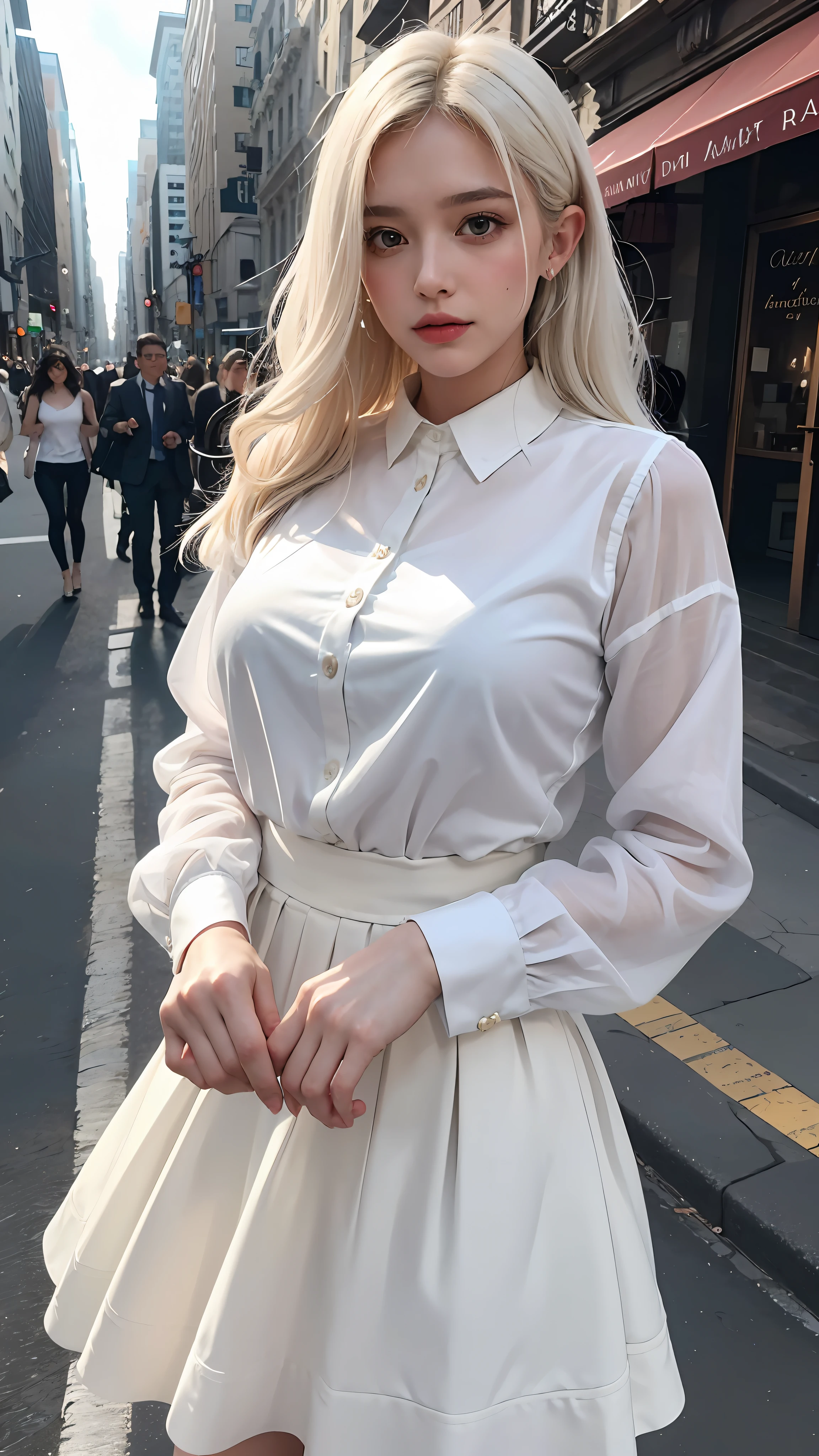 （tmasterpiece，best qualtiy，hyper-detailing，best shadow，ultra-realistic realism），（detailedbackground，In the crowd of the street），（best illuminate，Ray traching，cinematric light，plethora of colors，hyper-detailing，Dramatic light，complexdetails），（1girll，white color hair，Hair is slightly curled，sharpy face，beautifull detailed face，Extremely refined and beautiful，Wearing a white shirt and a wrinkled skirt，with hair dishevelled，lovely and delicate，dynamic angle，hight contrast）