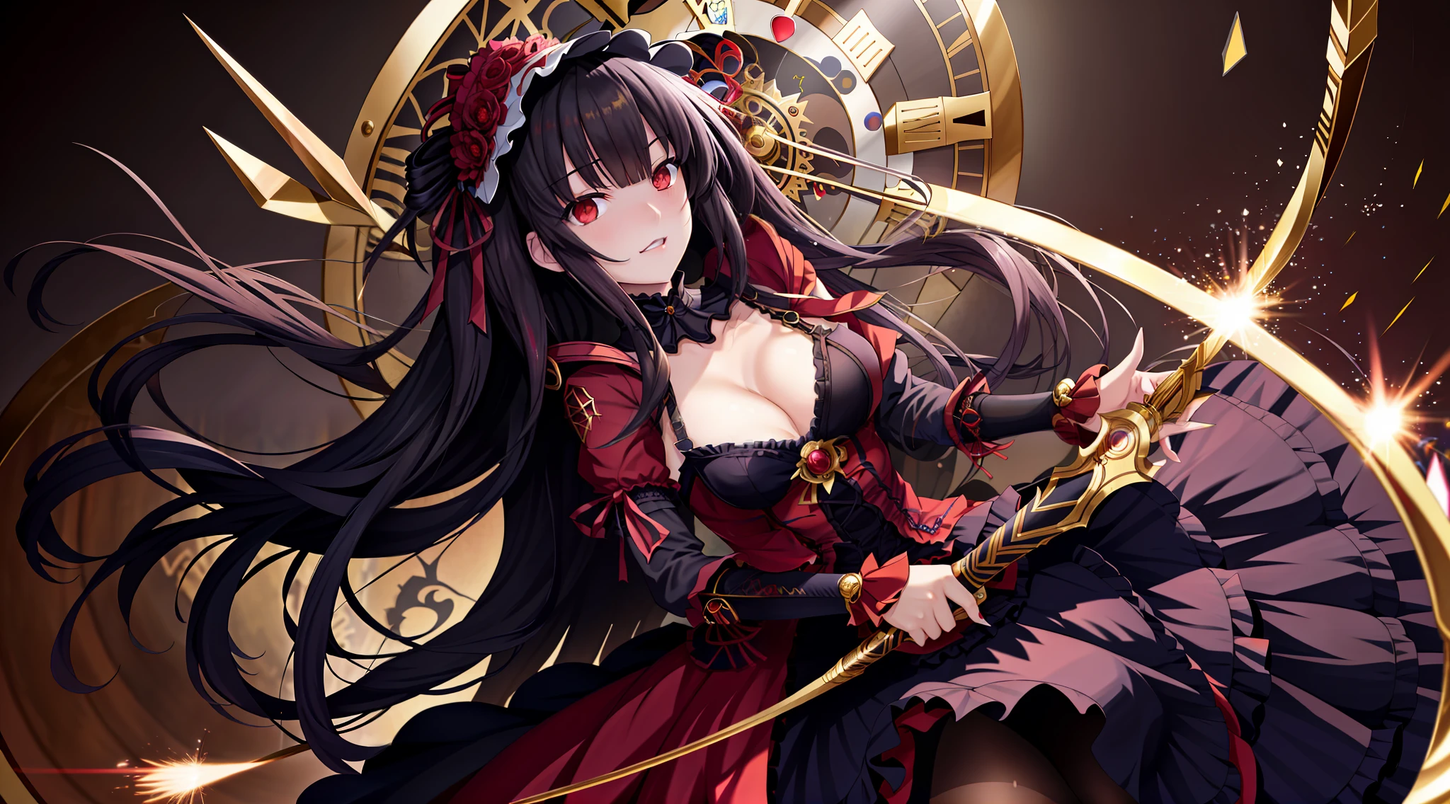 Anime girl with long black hair and red dress, 8K high quality detailed art, Smooth anime CG art, gothic maiden anime girl, Extremely detailed Artgerm, 2. 5 D CGI anime fantasy artwork, Kushatt Krenz Key Art Women, advanced digital anime art, Detailed digital anime art, Guweiz in Pixiv ArtStation，Behind her was a huge golden clock dangling in the air