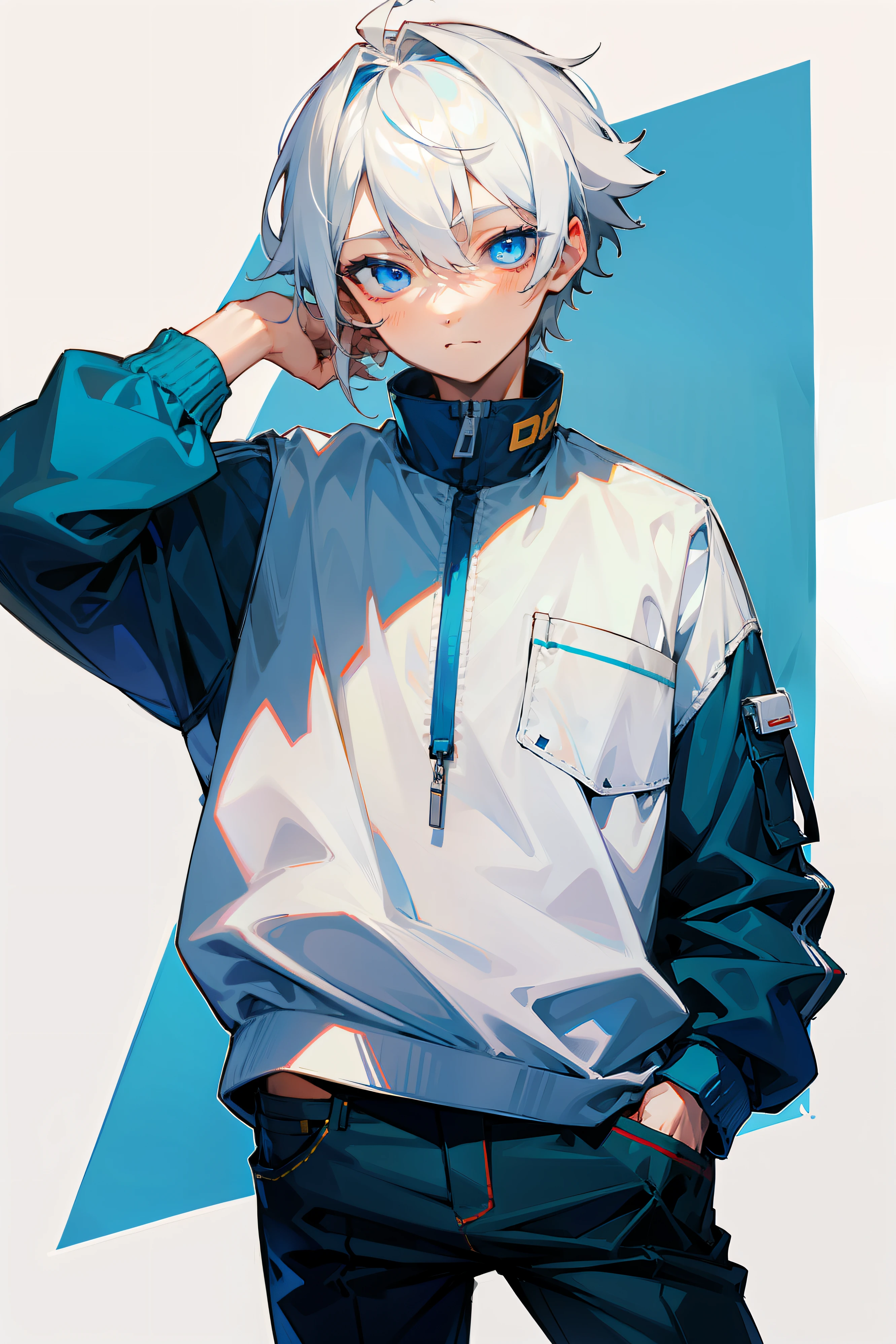 1 boy, white hair, blue eyes, hand in pocket