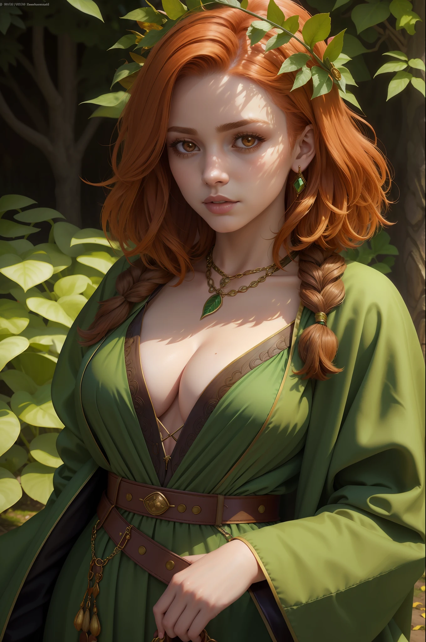 a  portrait of a durable [babe|temptress] , druid, leaf robe, perfect face, pretty face, brown eyes, auburn hair, Hi-top fade, very short hair, flat chest, lush detail, absurdres, clothes made of leaves