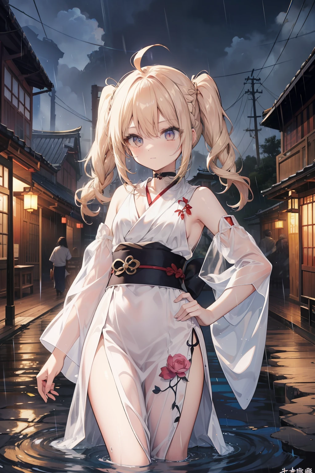 cute female child，Don't be overexposed，Greek clothes， peplos， 1girll，blond hairbl， ahoge,Cute face，sword，quadratic element，16 yaers old， Asymmetrical hair, Floating hair, hair between eye,Lateral hair, Next to the phoenix,florals，Pure， hair intakes， looking at viewert，独奏， rosette， jewely， By bangs， hand on hips， Ribbons， upper legs， 鎖骨， white backgrounid， ssmile， Separate the sleeves， pigtails， tress ribbon，french braid，simple backgound， Red ribbons， 耳Nipple Ring， longer sleeves， Red rose， The mouth， faint blush， long whitr hair， choker necklace,guard，Beautiful，fanciful，dream magical，magia，Brilliant imagination，A high resolution，Ultra-delicate，best qualityer,Super refined，tmasterpiece， Best quality at best，Pure，Divine brilliance，Arafed view of a village，a lot of lights on the buildings，dreamy Chinese towns，Chinese Village，amazing wallpapers，A Japanese town，Japanese village，surreal photo of a small town，old asian village，Japan city，Raymond Han，rainy evening, Cyberpunk ancient Chinese castle, Well-lit building, In the evening in the rain, Beautiful and aesthetic, photography of, cinematic ligh, 8k, high detal ((very heavy rain)))，Chinese martial arts style，large area sky，Contour light，Atmospheric atmosphere，depth of fields，mist rising，lake water，Lotus lotus leaves，small boats，pines，Octagonal stone pavilion，arch bridges