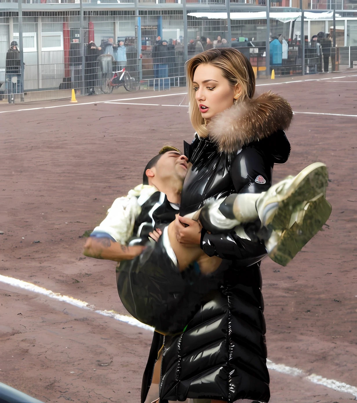a desperate woman in a glossy plasticcoat, a crying girl in a wetlook high-shine pvc-coat, a terrified woman in a black wet shiny latex-downcoat, affection pose, lecherous action pose, dramatic action pose, theatralic pose, woman that is carrying a baldheaded man with a bald head, there is a beautiful woman in a shiny coat who is carrying a bald headed man in her arms, a longhaired beautiful woman in a high-shine black puffy coat, a longhaired woman in a shiny downcoat, a woman is carrying a bald headed man who is wearing shorts, a weak man in shorts is consciousless and needs to be carried, a bald headed man with closed eyes is carried in the arms of a longhaired woman, a woman looks very scared and terrified, a consciousless man with closed eyes is suffering very much and has a very painful face, photo, photo shoot, photographed , accident, help, aid, first aid, pity