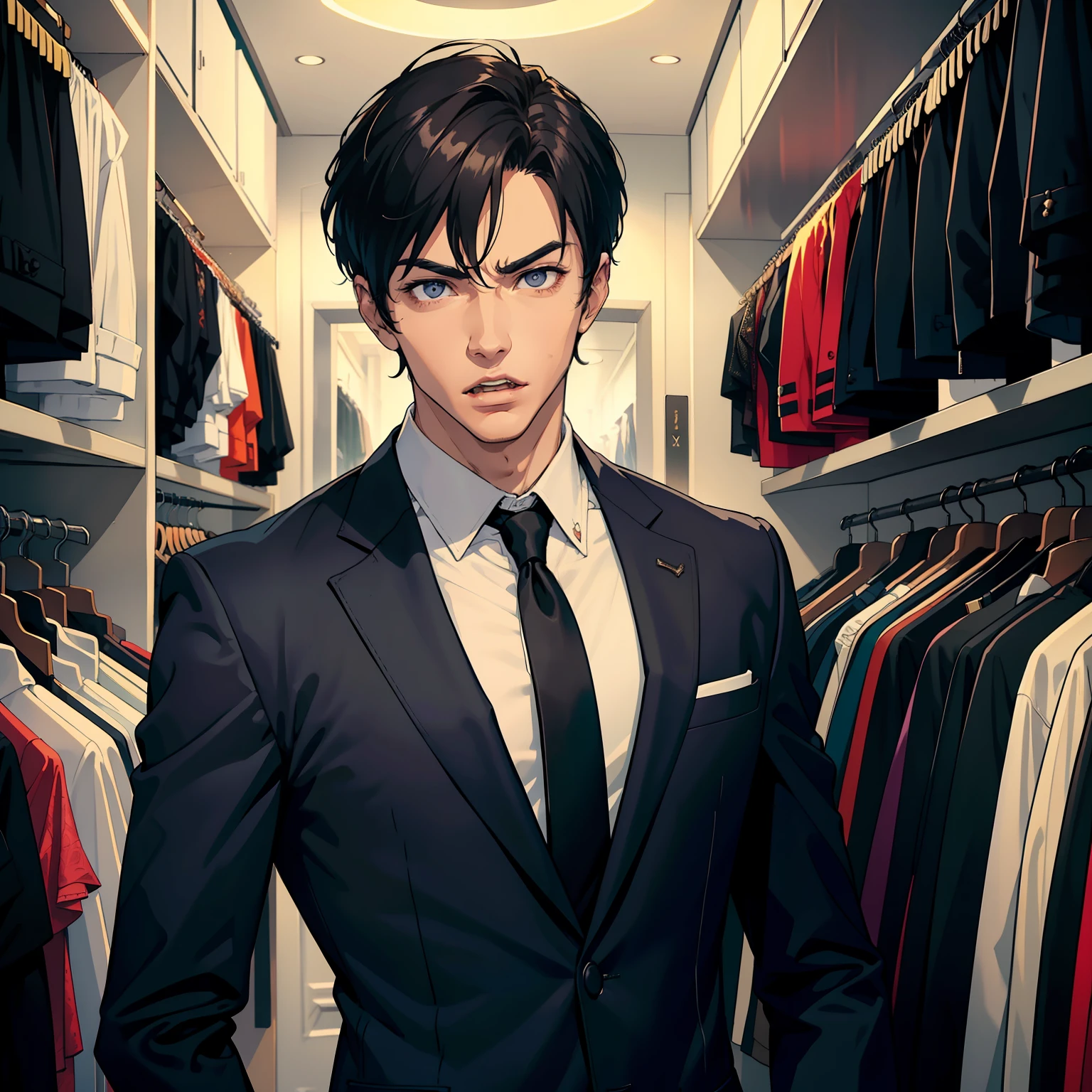 1 handsome guy，The expression is grim，The mouth opens wide，Arrogant，The eyes are sharp，Wear a casual suit，In a clothing store，Bust photo