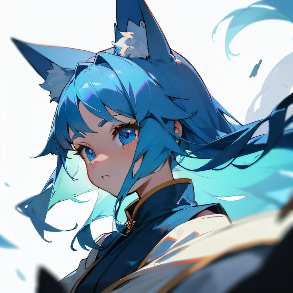 16k,head portrait,Q version,Ancient wind,Good face,A girl with blue eyes,blue hairs,Decorate fox tail with fox ears。