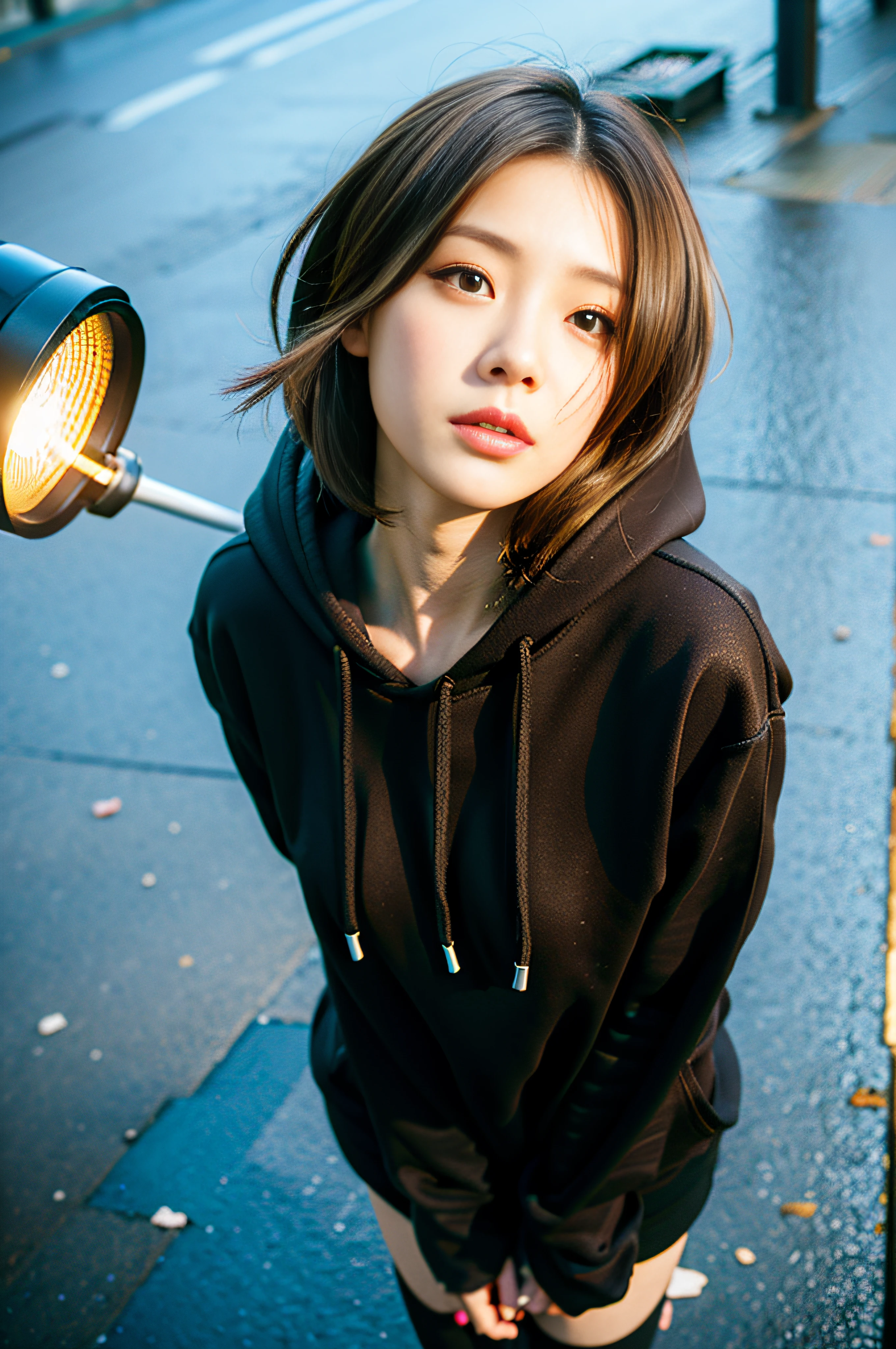 Sad theme、(top-quality、​masterpiece:1.2)、(((From directly above)))、fish-eye lens、Textured skin, Cinematic、Dynamic Pose、26 year old beautiful woman with brown hair、(((Black hoodie)))、Looking Up、(Streetlight background:1.3)、sony a7,3.5mm lens shooting、F 1.8 Aperture、No retouching、Realistic raw photos、The skin texture is very detailed、without makeup、Background lighting is yellow、rainy day、The ground is wet from rain、The atmosphere is moody、How to steam