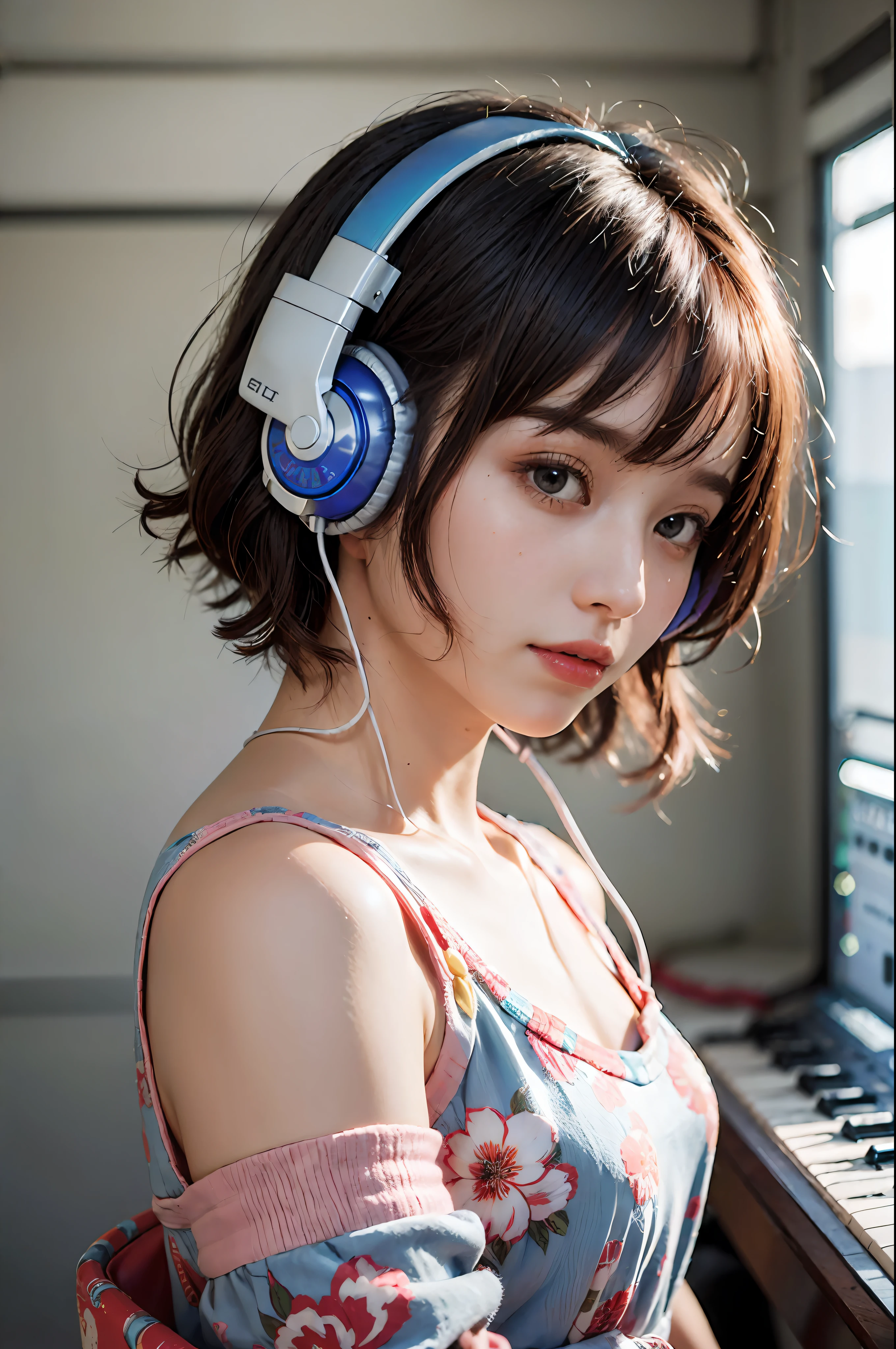 Best Quality, masutepiece, (Photorealistic:2), Ultra High Resolution, Highly detailed, A hyper-realistic, 1girl in, ((Red headphones)), (Longer dress), Floral pattern, colourfull_hair、(((very_Short_hair))), Short hair, Slim body, Full Shot, Looking at Viewer, ((Music Studio)),  Bright atmosphere, spot light, Detailed background