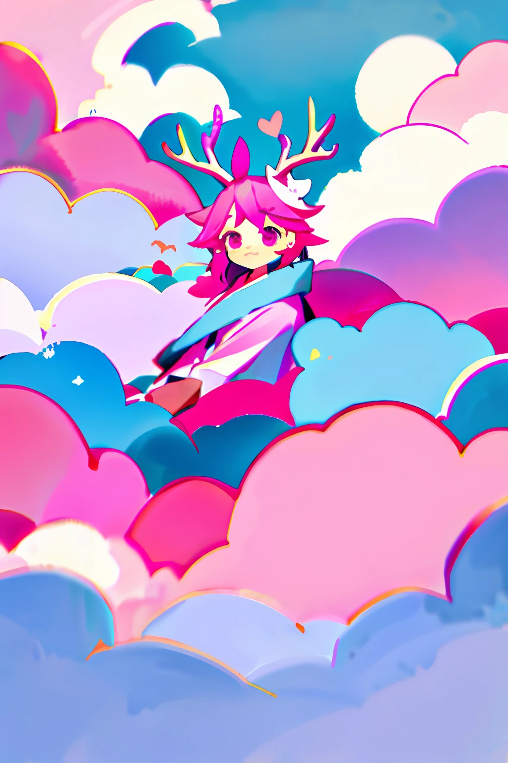 "Pink clouds with blue antlers,Q version cute style"