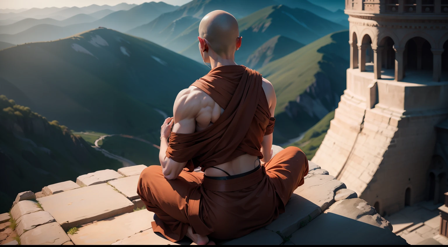 monk meditating on top of the monastery - 4K