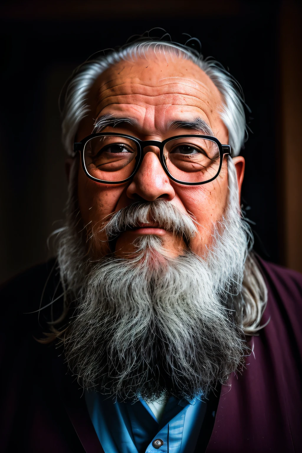 Close-up of a man with a long beard and glasses, portrait photo of an old man, 50mm portrait, inspired by Kōshirō Onchi, 60mm portrait, 7 0 mm portrait, 50 mm lens photo portrait, portrait of monk, 1 3 5 mm nikon portrait, old man portrait, old man in tokyo at night