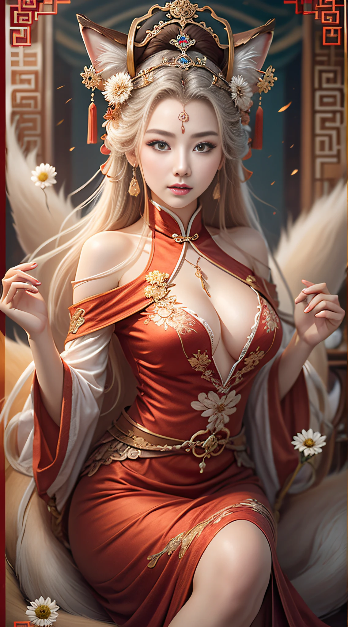 best qualtiy，tmasterpiece，Ultra-detailed high resolution，（Photorealsitic：1.4），RAW photogr，，illustratio， Chinese woman in red dress, Beautiful fox queen, eye looking to camera，The three huge white fox tails are very conspicuous，The tail is raised high，Big red dress，No chest exposed，Princesa chinesa antiga, chinese empress, ancient chinese beauti, ((Beautiful fantasy queen with three fox tails)), Chinese fantasy, xianxia fantasy, Beautiful rendering of the Tang Dynasty, Chinese style, an ancient Chinese goddess, Palace ， A girl in a big red Chinese dress，fully body photo（Solo exhibition：1.2），（cowboy lens：1.2），（Hair crown：1.2），Ancient traditional costumes, China，Red shoulder straps，（Red eyeliner：1.2），（：1.4），耳Nipple Ring，Dynamic Angle，opera house，Messy_Long_Hair，ink，电影灯光，lens_flare，velvet，chrysanthemums，nipple tassels，Ribbons，color embroidery，