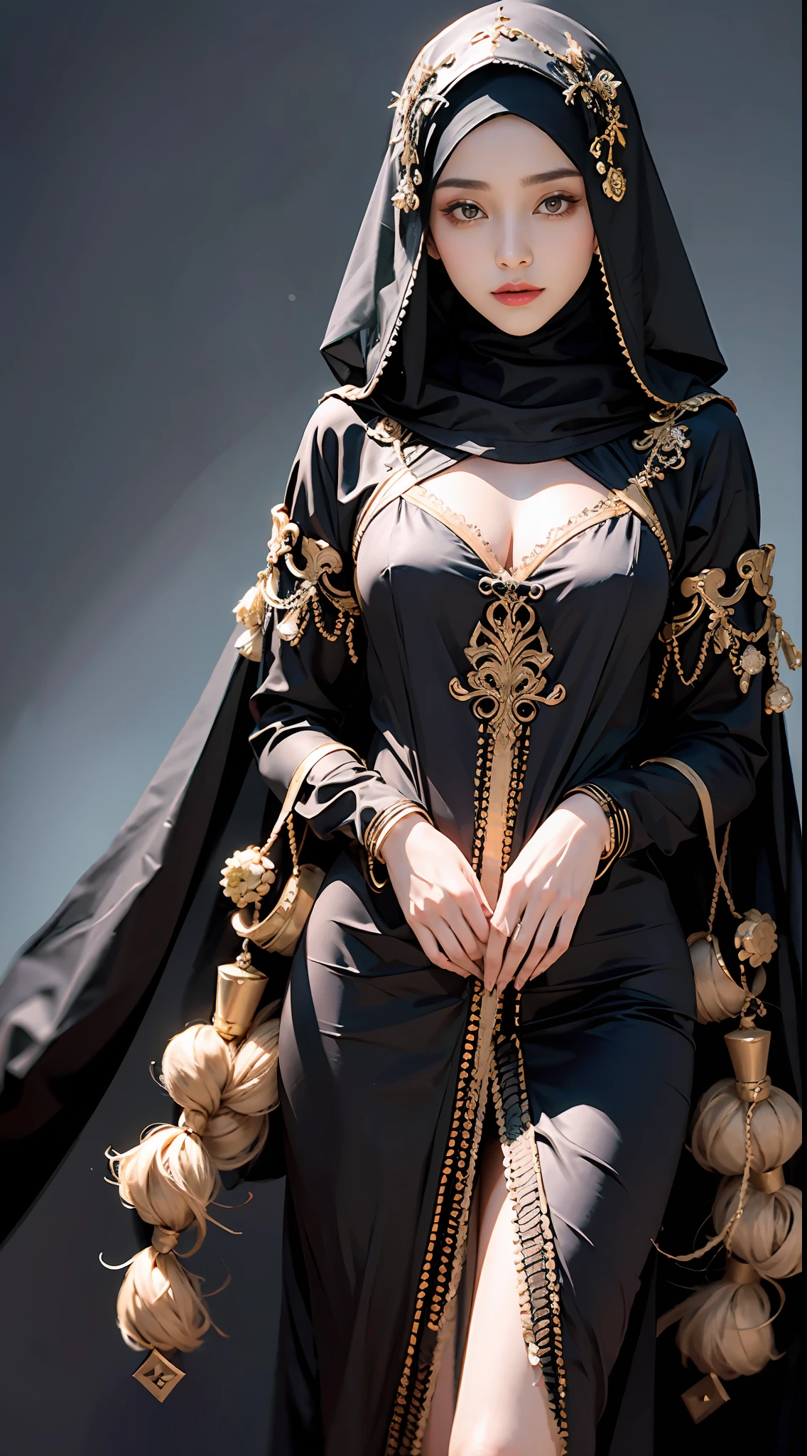 Three mysterious maidens，Robe with clothes，All over the body black robe，The whole body is dressed in black，Black veil，wearing a hijab，Beautuful Women