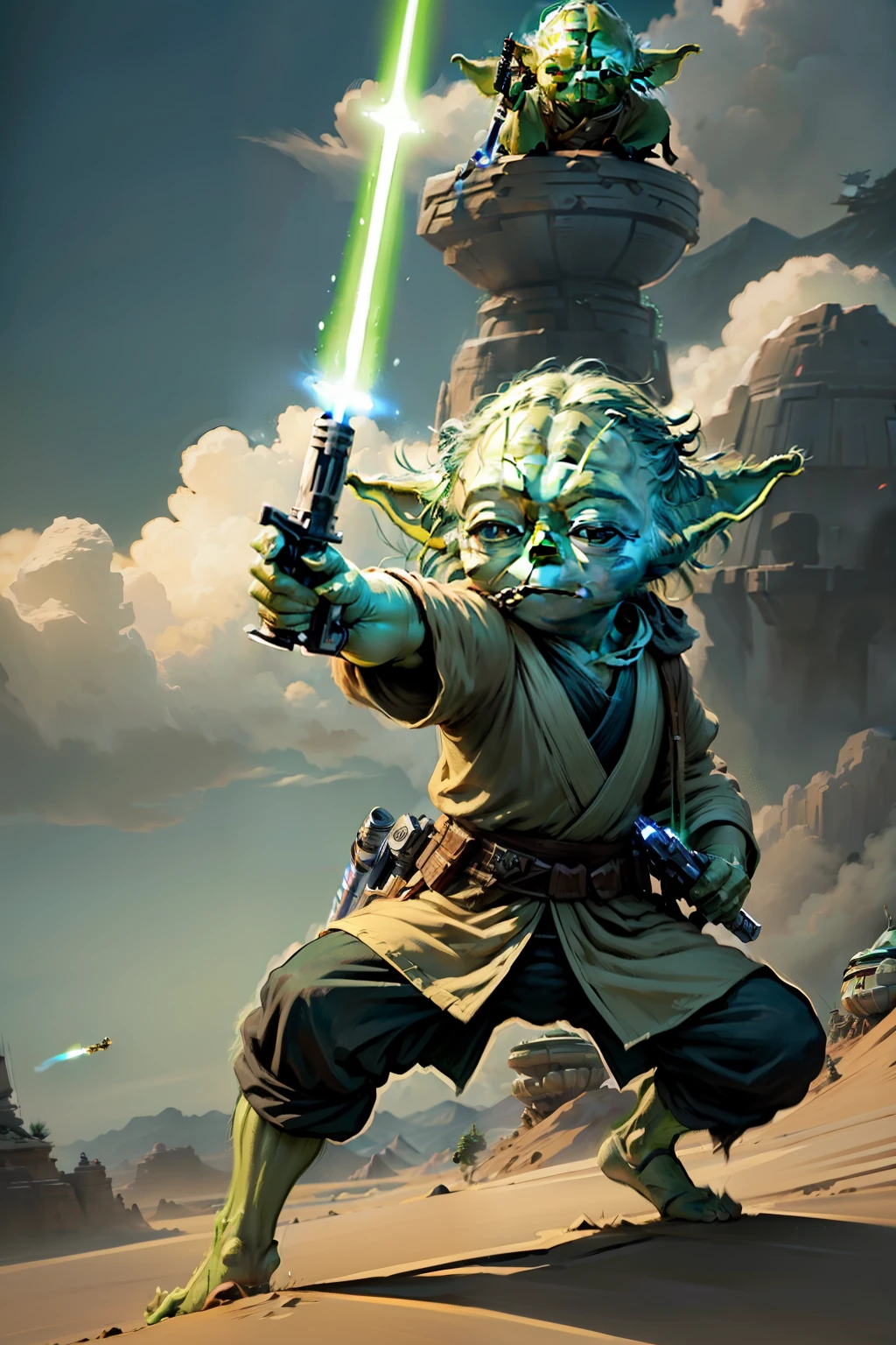 (((Yoda)))、combat scene、lightsaber、[knifes]、[samurais]、(((StarWars)))、jump、Fighting wielding a lightsaber、The lightsaber color that Yoda has is（Green）is、A feather woven from hemp material with a hood over a brown judogi、Desert-like planet and spaceship in the background、realistic character、1 cut painting