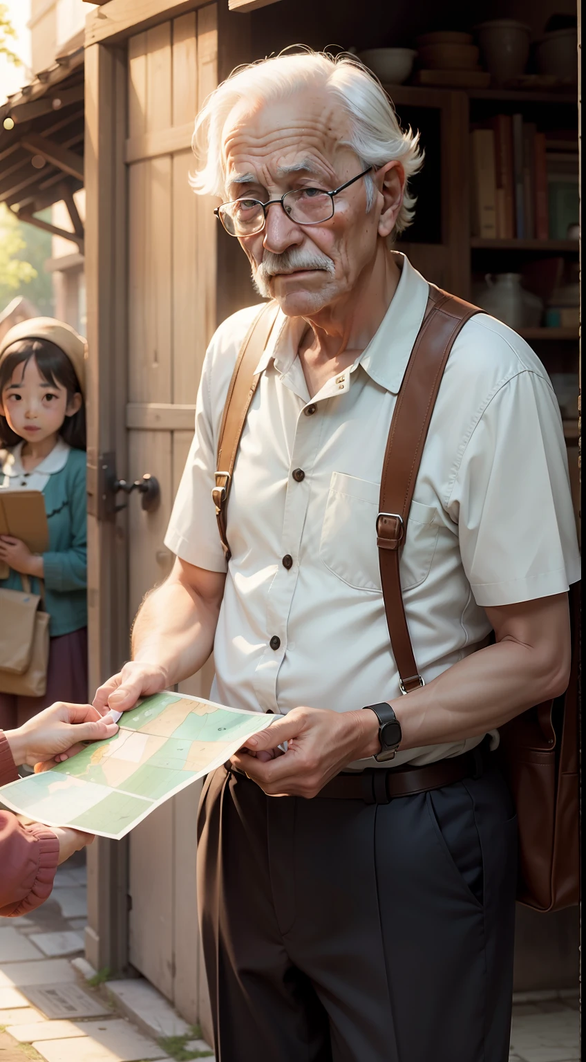 A old man, giving a map to a girl.