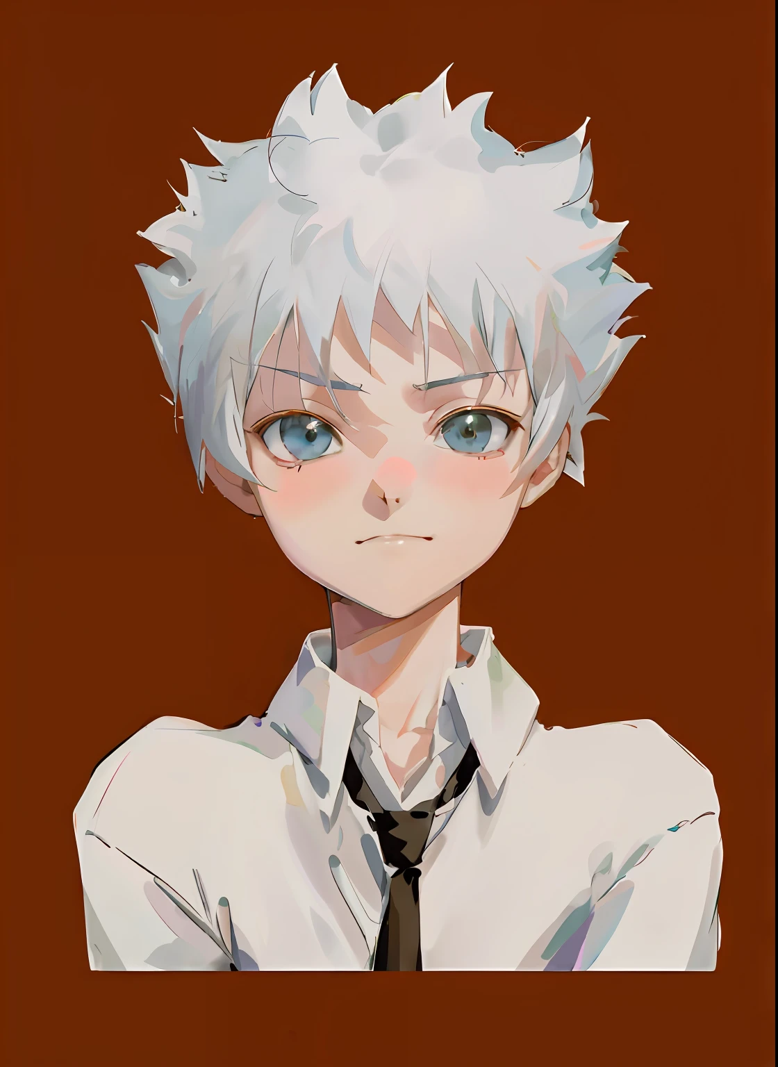 Anime girl with white hair and tie looking at camera, killua zoldyck portrait, killua zoldyck black hair, killua zoldyck, made with anime painter studio, kaworu nagisa, a silver haired mad, drawn in anime painter studio, inspired by Yumihiko Amano, yoko taro, white haired Cangcang