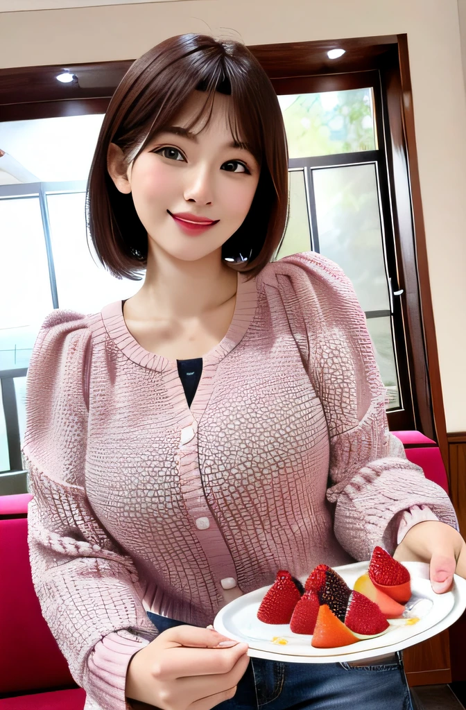 There is a house in Youzi，Inside the house there was a beautiful woman holding a plate full of fresh fruit
