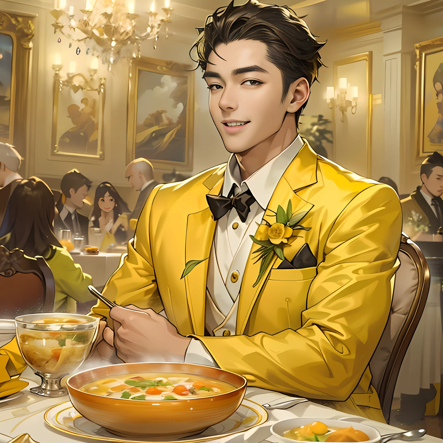 A handsome young man in a yellow suit on the side，Sitting at the dining table，I enjoyed the soup with a face，The expression on his face reveals a look of happiness and happiness,in the style of the stars art group xing xing, 32K, Best quality, Masterpiece, Super detail, High details