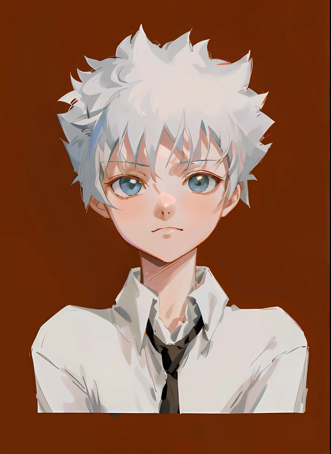 Anime girl with white hair and tie looking at camera, killua zoldyck portrait, killua zoldyck black hair, killua zoldyck, made with anime painter studio, kaworu nagisa, a silver haired mad, drawn in anime painter studio, inspired by Yumihiko Amano, yoko taro, white haired Cangcang