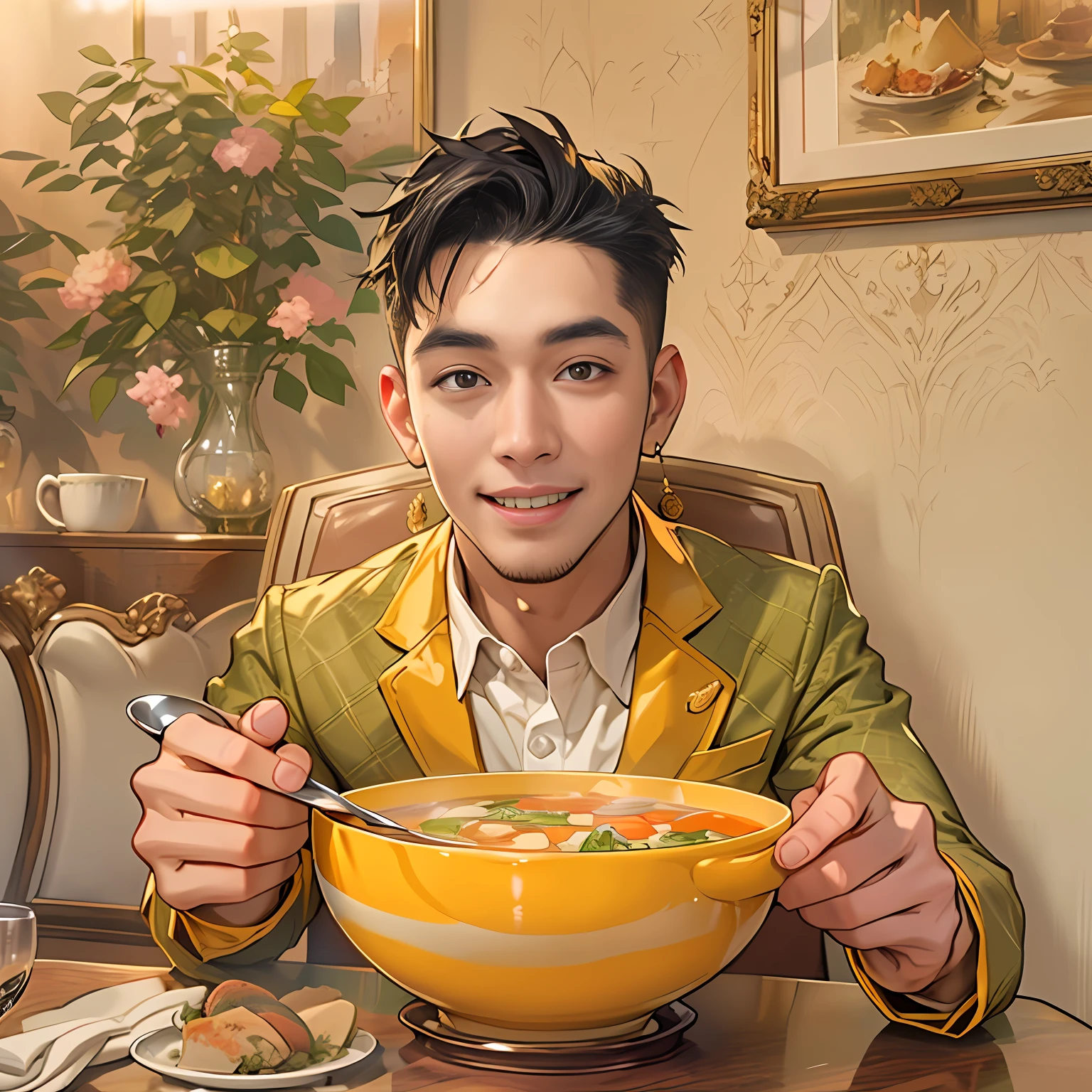 A handsome young man in a yellow suit on the side,Sitting at the dining table,I enjoyed the soup with a face,The expression on his face reveals a look of happiness and happiness,in the style of the stars art group xing xing, 32K, Best quality, Masterpiece, Super detail, High details