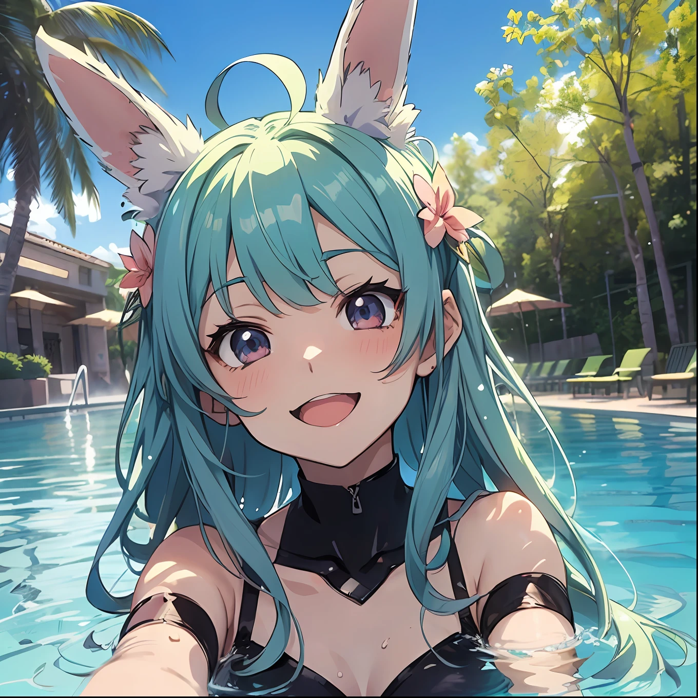 (((Anime style.1.4)))Rabbit-eared girl　sisterhood　Shy laugh　a smile　swim wears　(Selfie.1.2)