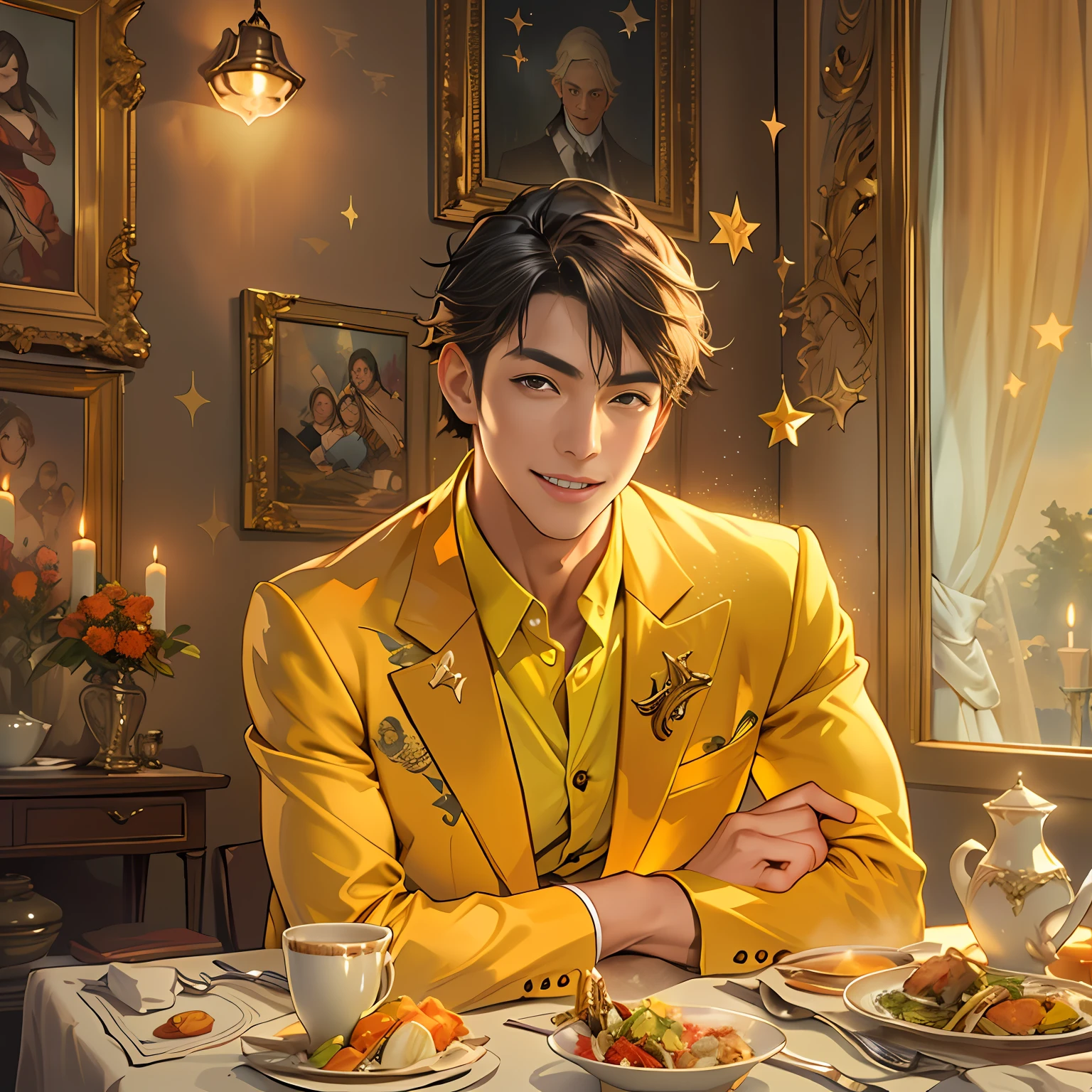 A handsome young man in a yellow suit on the side，Sitting at the dining table，I enjoyed the soup with a face，The expression on his face reveals a look of happiness and happiness,in the style of the stars art group xing xing, 32K, Best quality, Masterpiece, Super detail, High details