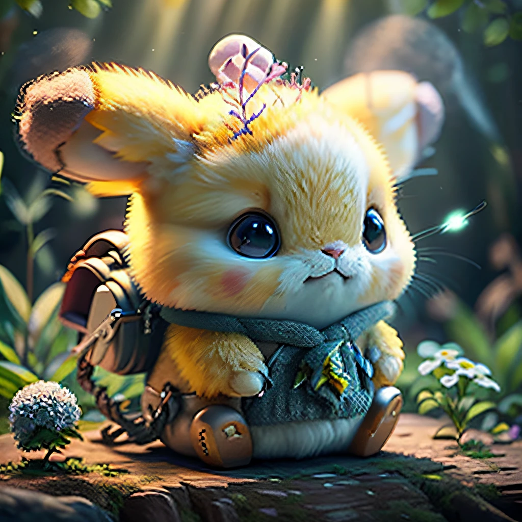 holding a camera，stump，fresh flowers，adolable，fluffly，realisticlying，gentlesoftlighting，amarelo，Bikachu，Discharge tail，Oversized lightning tail，Yellow throughout，Bikachu tail，Lightning bolt-shaped tail
