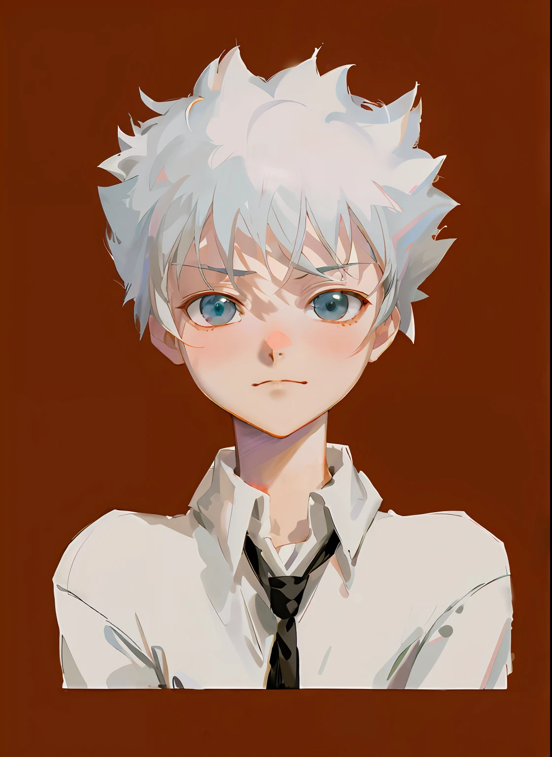 Anime girl with white hair and tie looking at camera, killua zoldyck portrait, killua zoldyck black hair, killua zoldyck, made with anime painter studio, kaworu nagisa, a silver haired mad, drawn in anime painter studio, inspired by Yumihiko Amano, yoko taro, white haired Cangcang