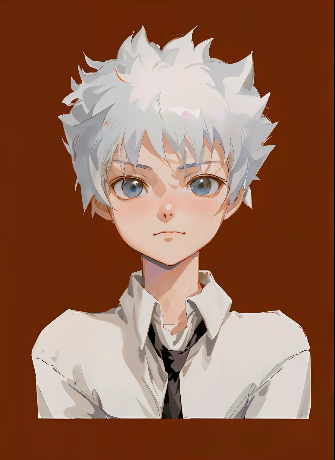 Anime girl with white hair and tie looking at camera, killua zoldyck portrait, killua zoldyck black hair, killua zoldyck, made with anime painter studio, kaworu nagisa, a silver haired mad, drawn in anime painter studio, inspired by Yumihiko Amano, yoko taro, white haired Cangcang